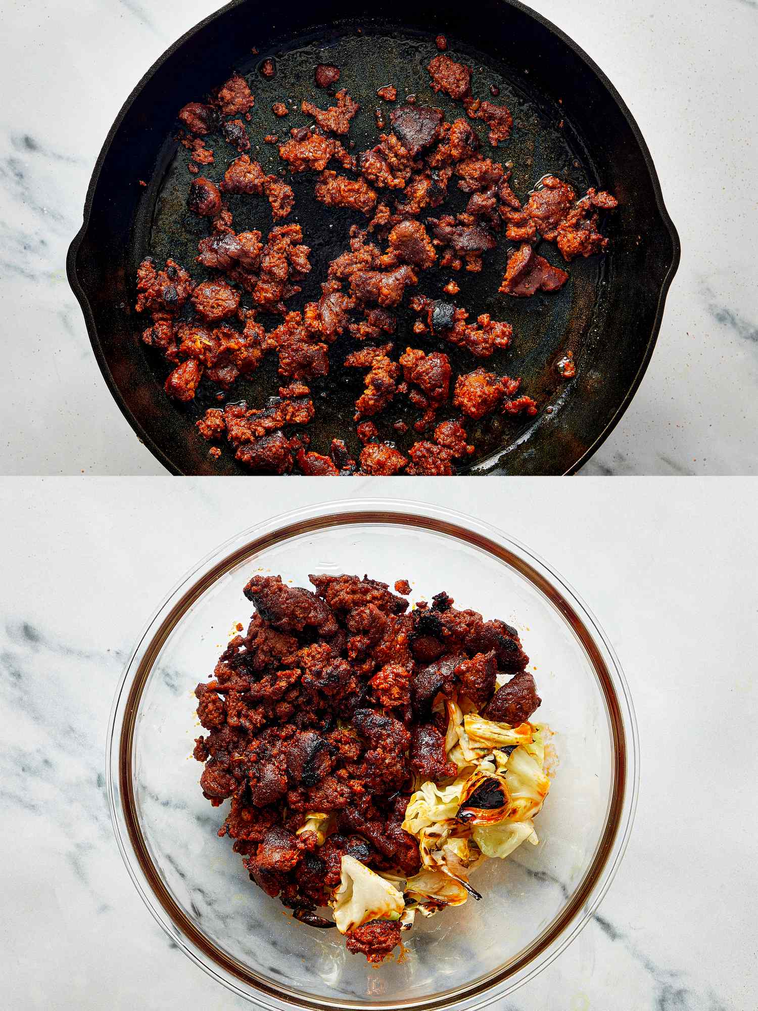 Ground meat cooked in a skillet shown in two parts skillet view and transferred to a bowl with some ingredients