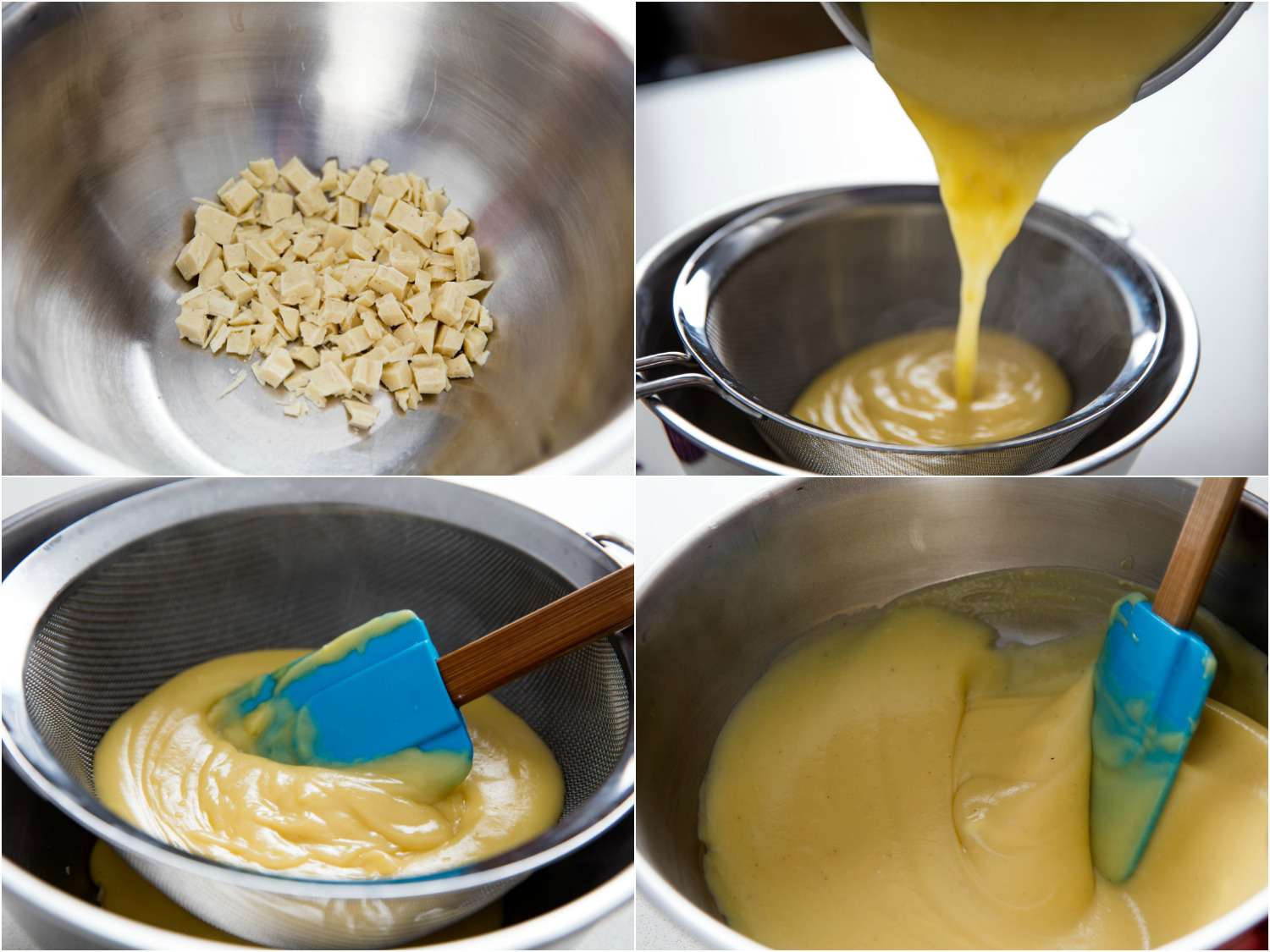 Collage of straining the pudding into a mixing bowl with the white chocolate and stirring to combine.