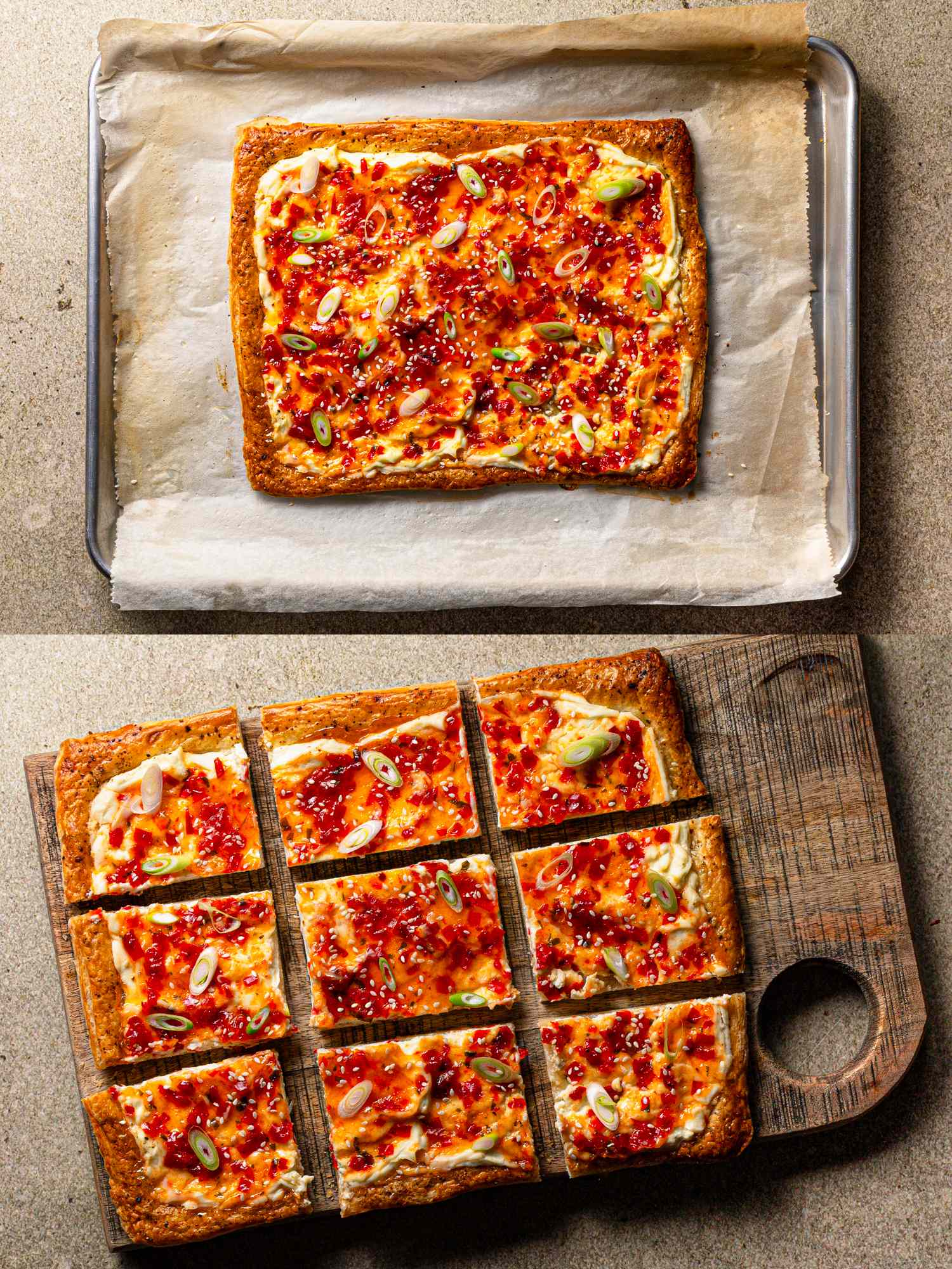 A tart topped with cheese and pepper jelly first shown uncut on parchment paper then cut into squares on a wooden board
