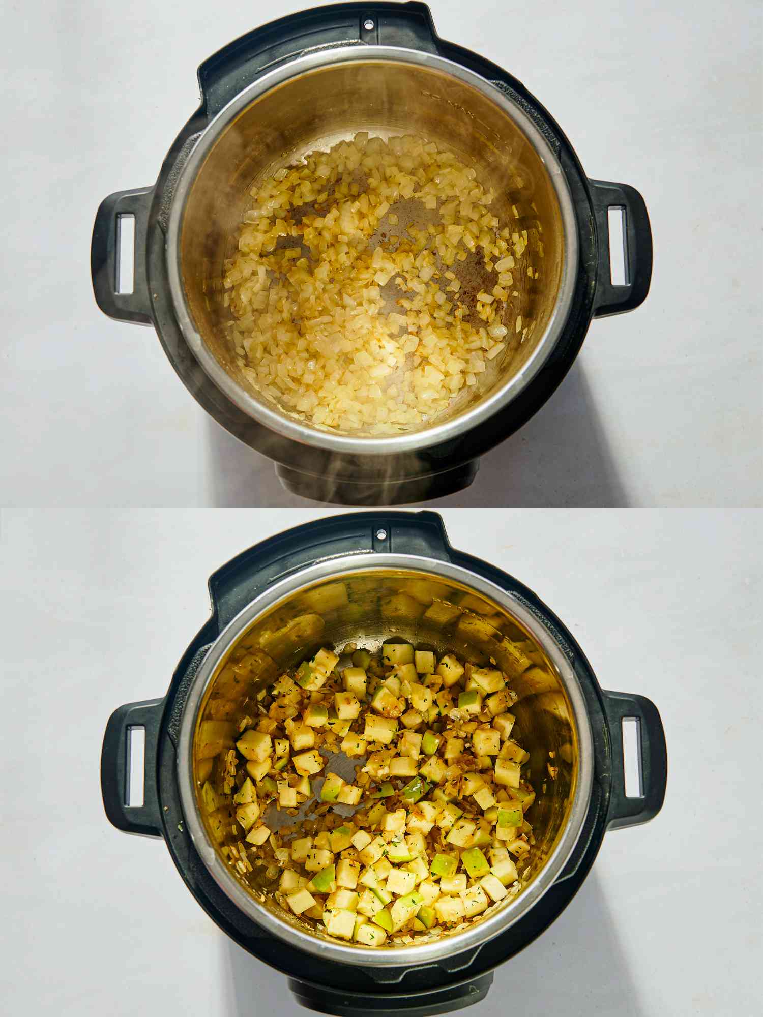 2 image collage. Top: Pressure cooker sauteing onions. Bottom: pressure cooker sauteing onions, apple, thyme, cumin and garlic 