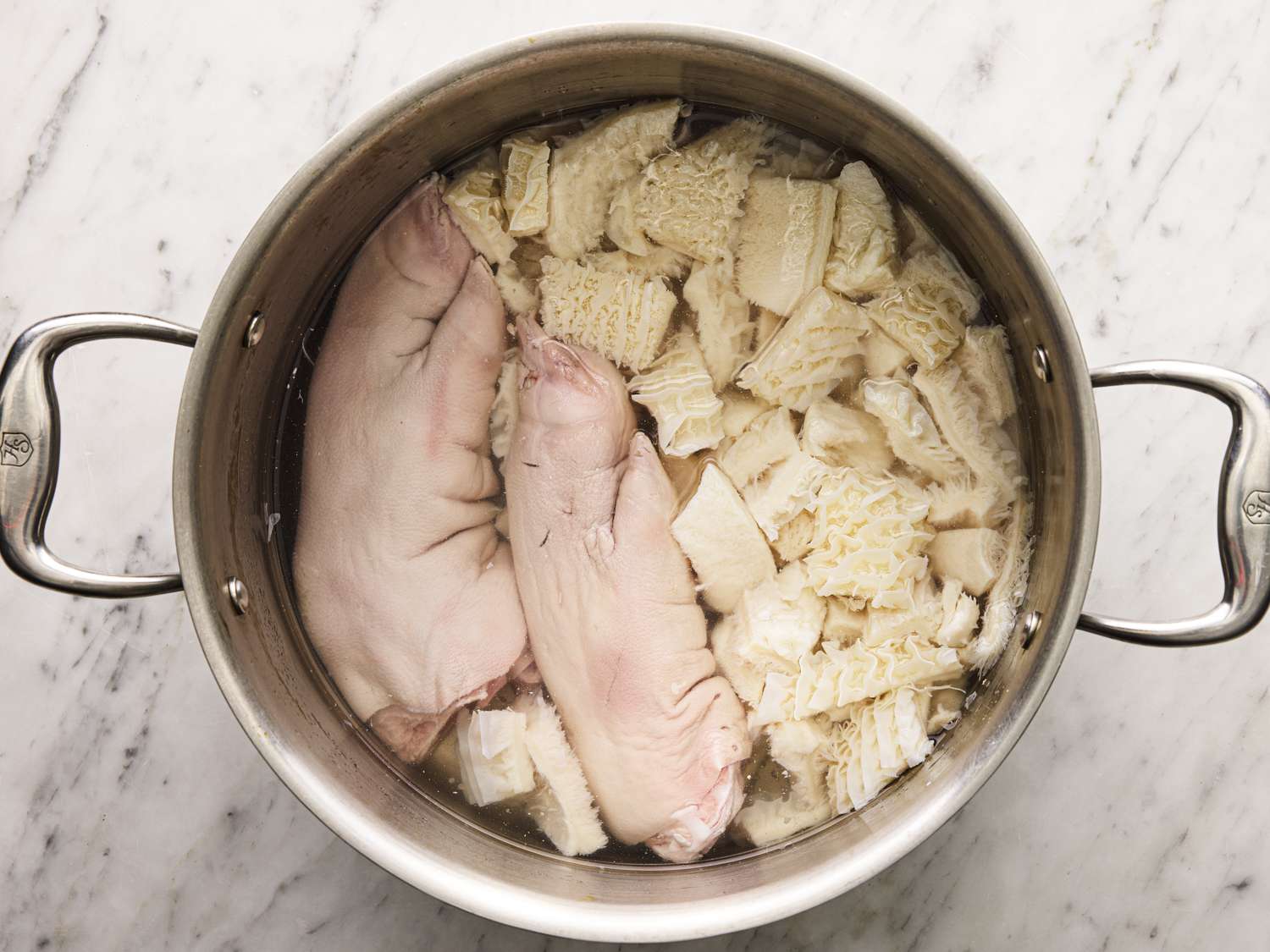 Tripe and pork trotter in a pot with water.