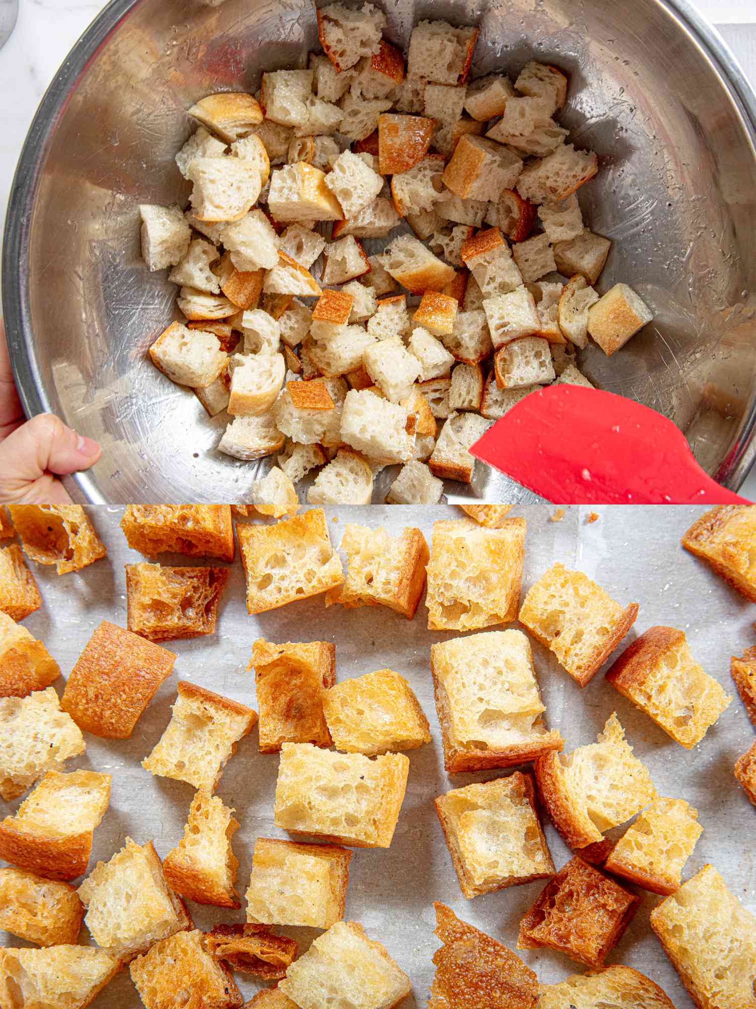 Two image collage of tossing breadcrumbs 
