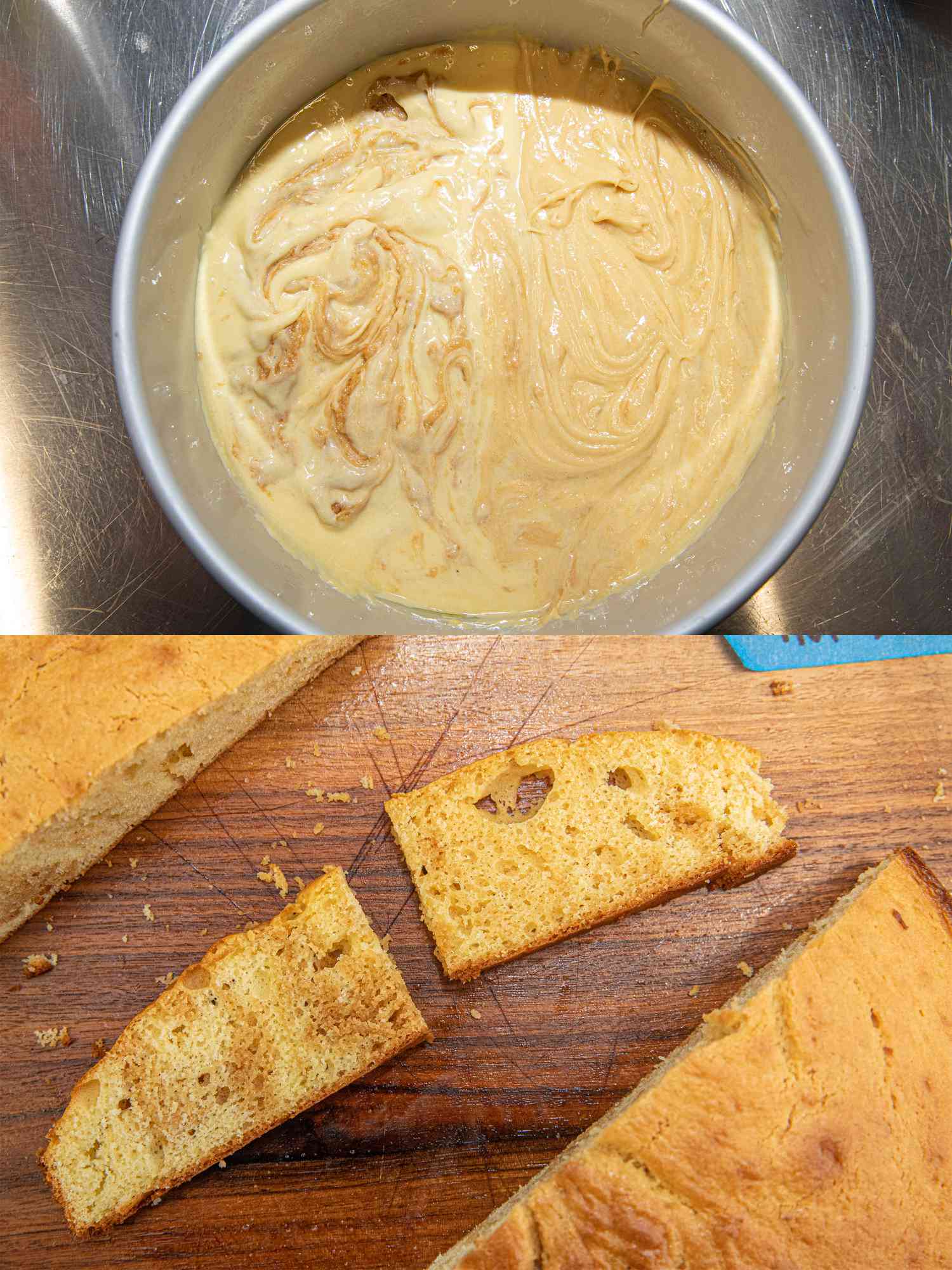 Overhead view of before and after baking a cake with nut butter