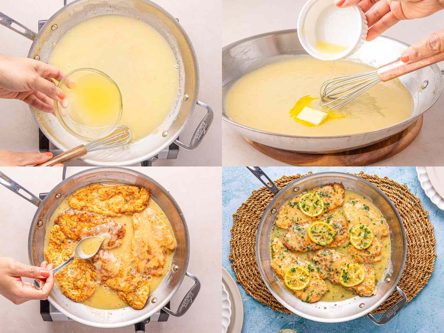 Stepbystep preparation of Chicken Francese in a fourimage collage showing sauce making sauce whisking chicken cooking and garnished dish