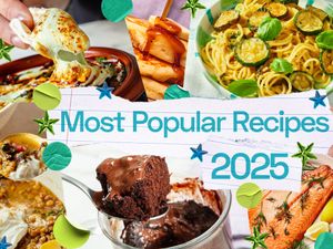 Various popular dishes illustrating recipes for 2025 including pasta brownies and appetizers with labeled title