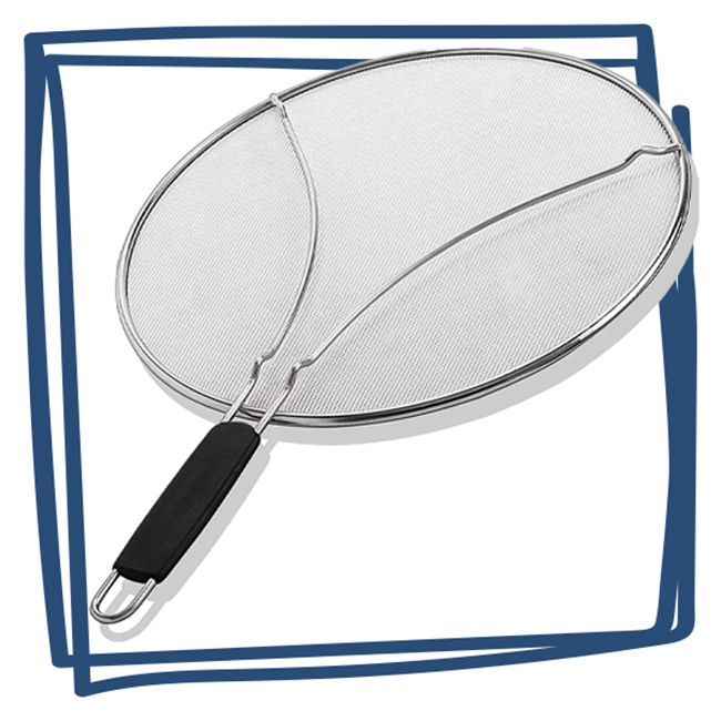 A kitchen splatter screen with a mesh surface and a handle