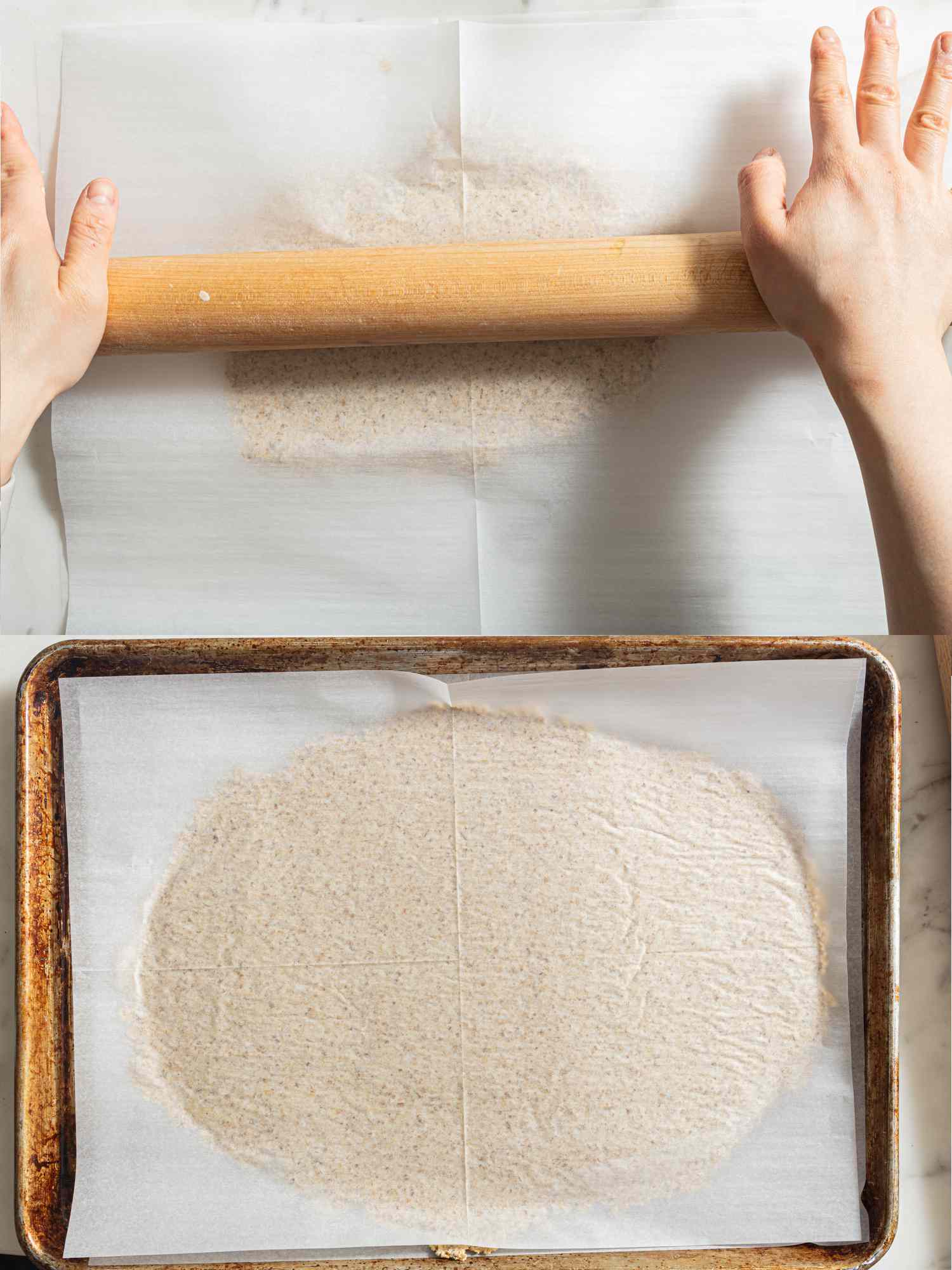 2 image collage. Top: oatcake dough being rolled out with rolling pin between to parchment sheets. Bottom: Flattened dough in between parchment on a sheet pan 