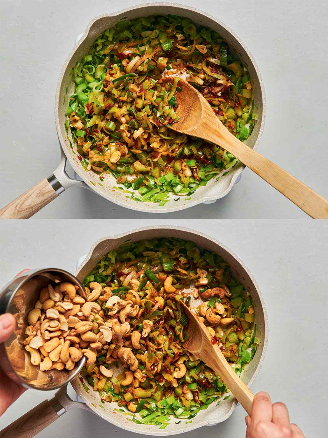 A two-image collage. The top image shows leeks, celery, scallion whites, and garlic softened but not browned in a large saucepan over medium-low heat. The bottom image shows cashews being poured into the pan from a small stainless steel bowl.