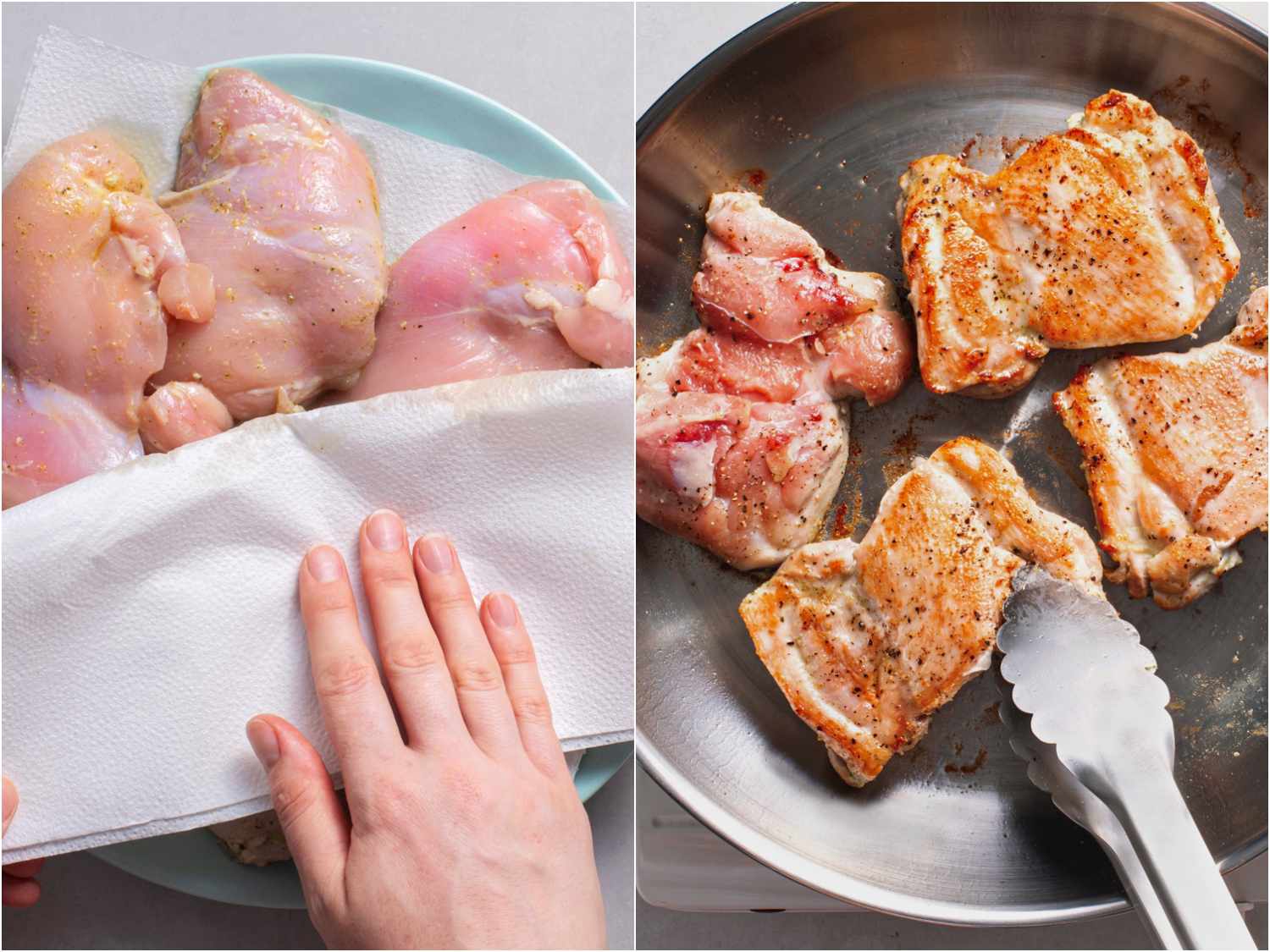 collage: a hand patting chicken thighs dry with a paper towel; chicken thighs searing in skillet