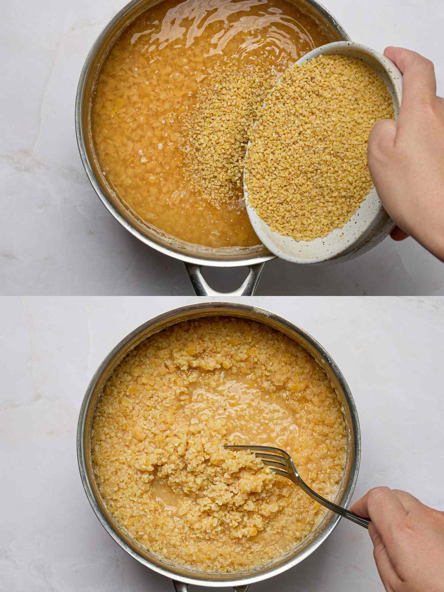 Cooking lentils in a pot bulgur added and being mixed with a fork