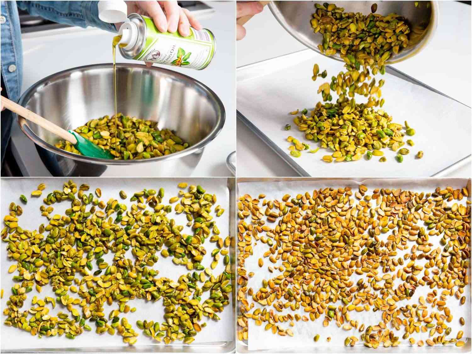oiling and toasting blanched pistachio