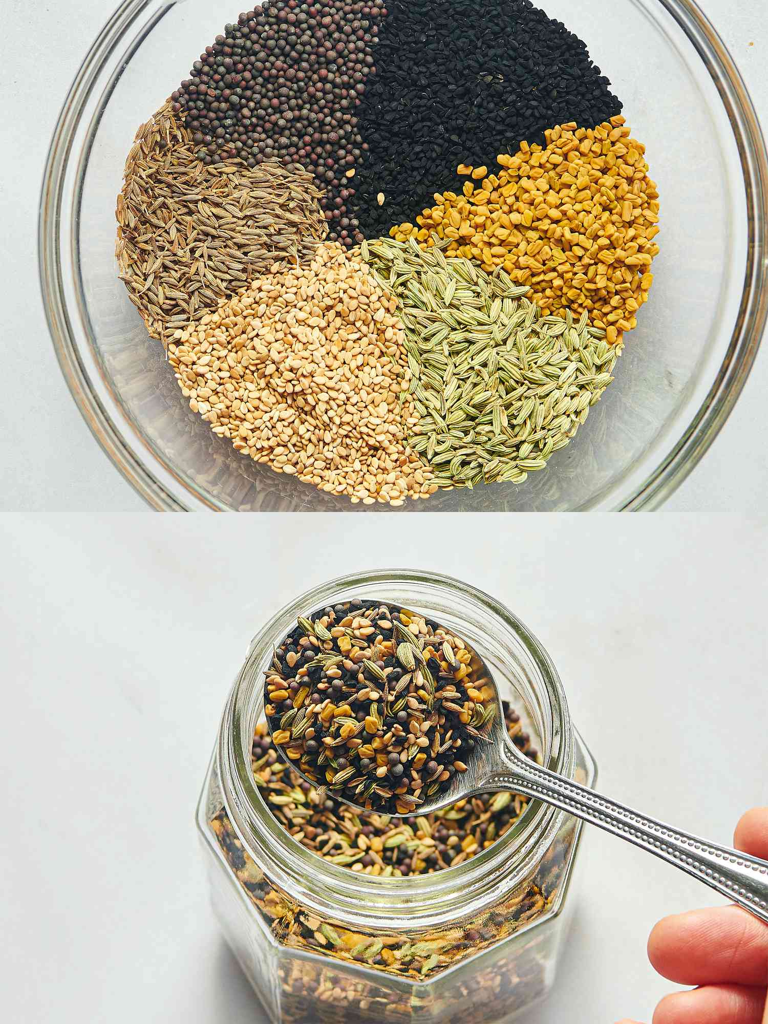 Two sections show spices in a bowl and mixed spice blend in a jar with a spoon