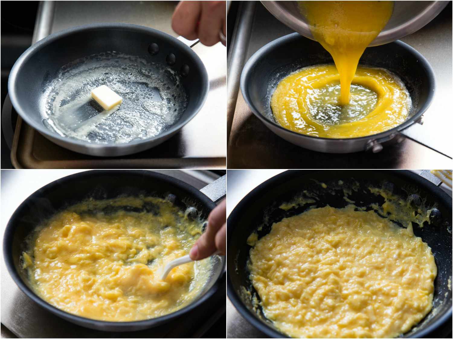 Collage of photos of making a French omelette: melting butter in a nonstick pan, pouring in eggs, agitating eggs with a plastic fork, surface of egg as it begins to set.