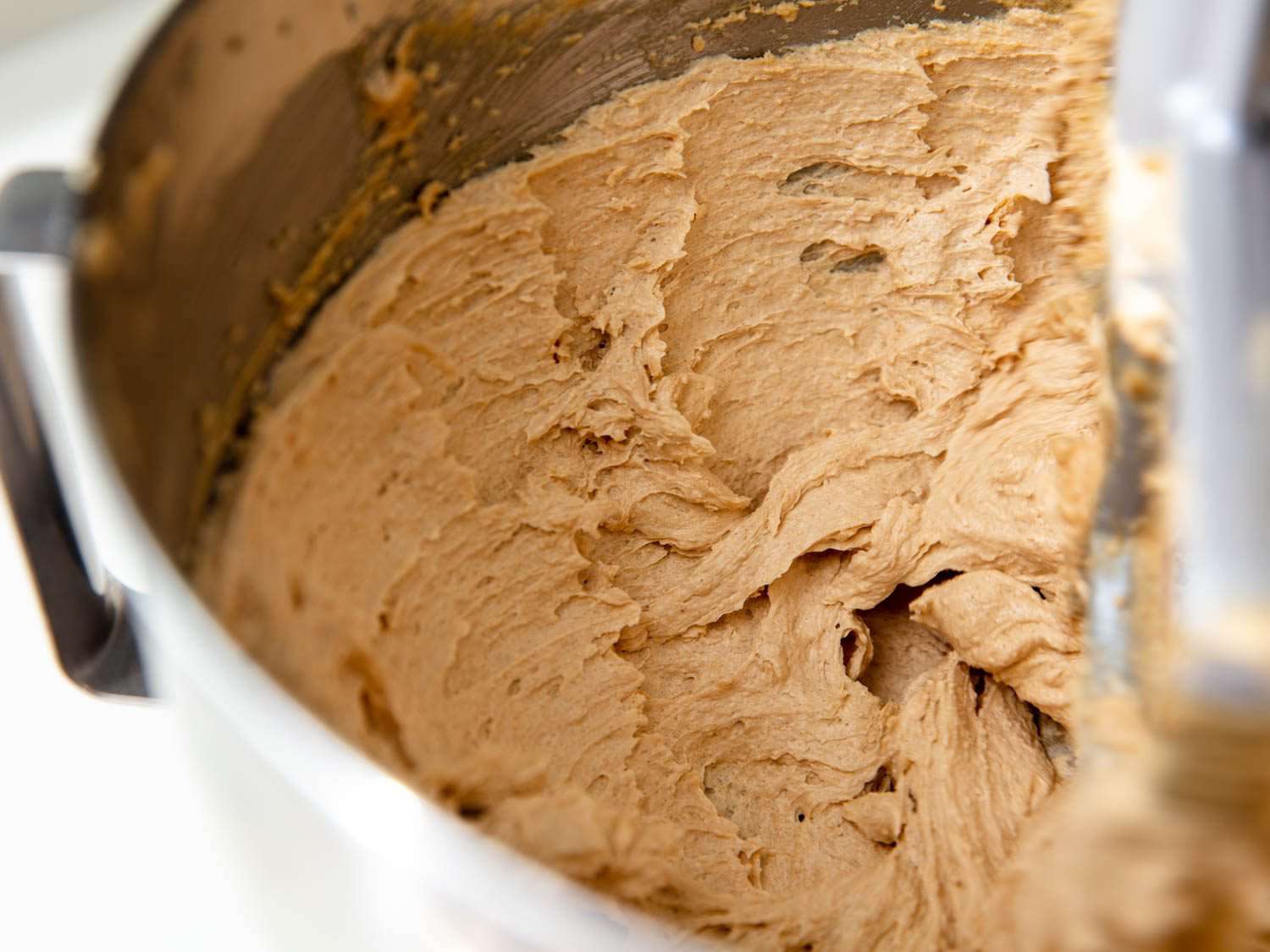 The butter-sugar mixture for lactation cookies after creaming: smooth, light, fluffy, and voluminous.