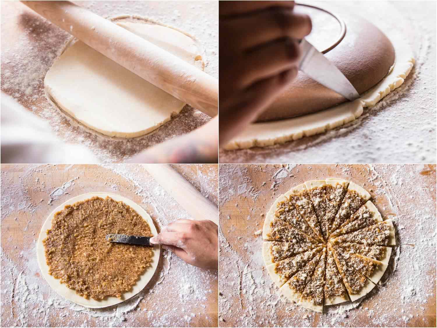 Collage of rolling out dough into a circle for crescent-shaped rugelach, trimming the edge, spreading filling on top with an offset spatula, and cutting the circle into wedges.