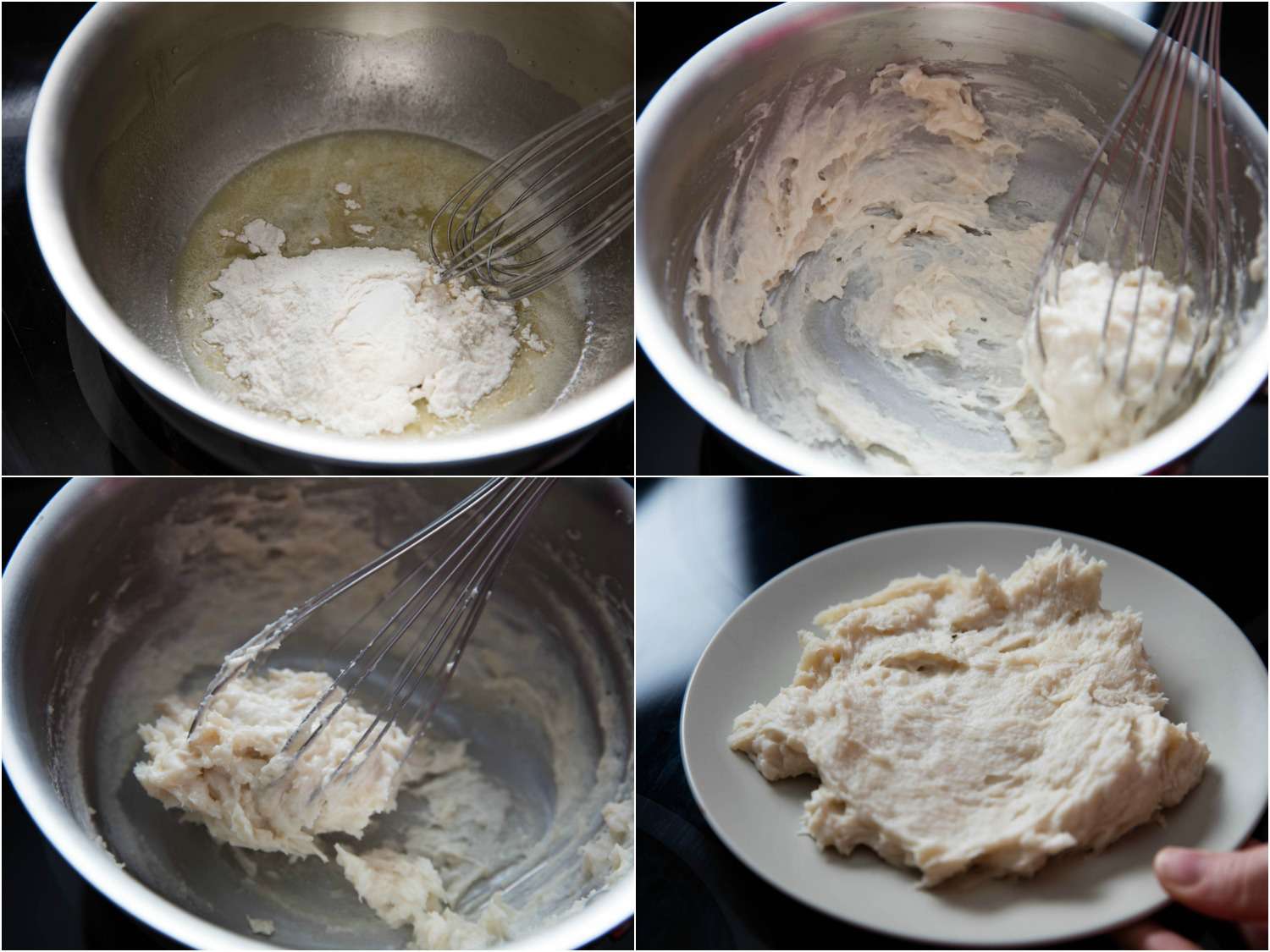 Photo collage showing whisking together flour and water in a saucier, cooking it on the stovetop until thick, and cooling it on a plate.