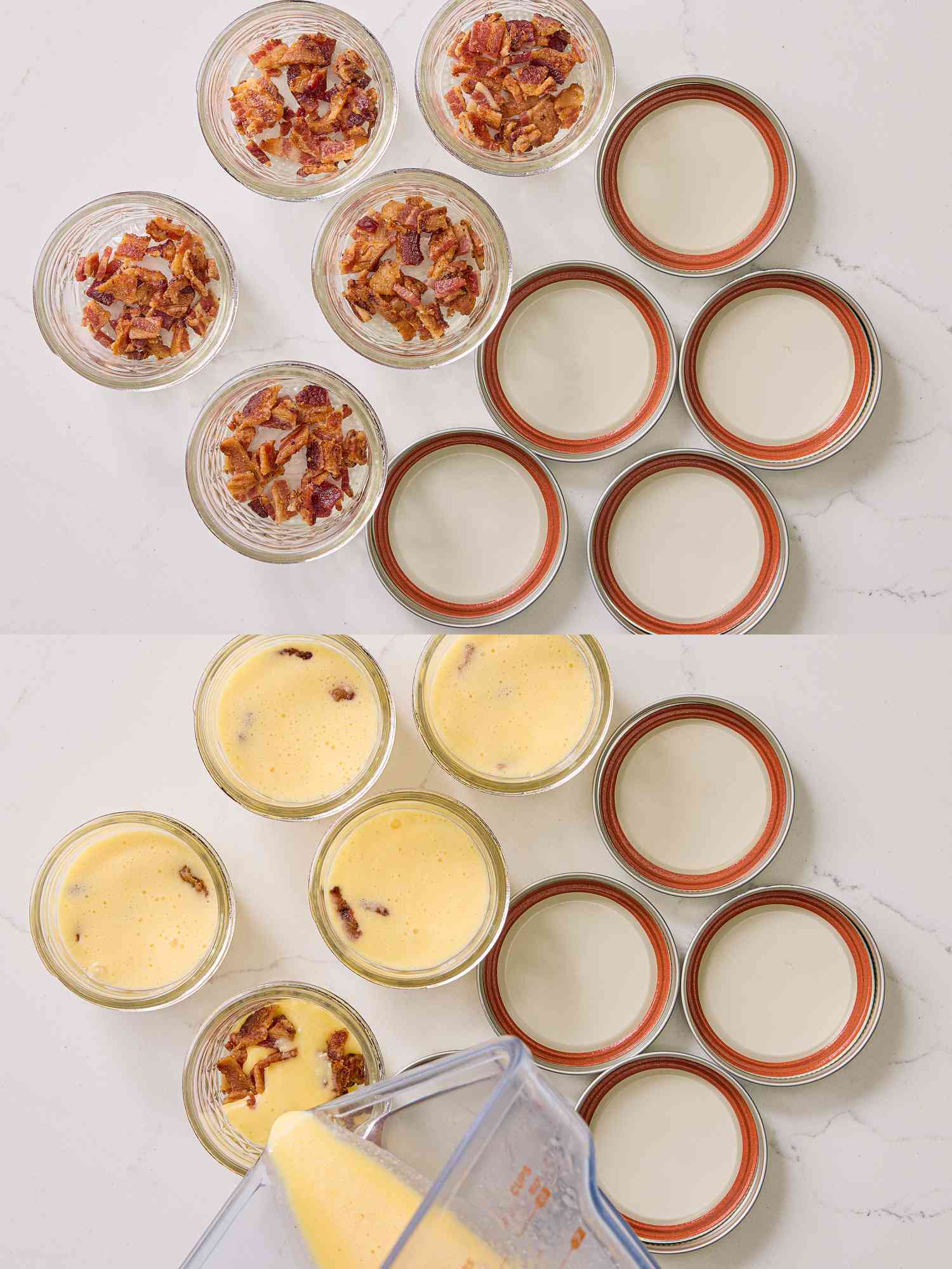 2 image collage. Top: jars with bacon in them and lids to the side. Bottom: Egg mixture being poured into the jars