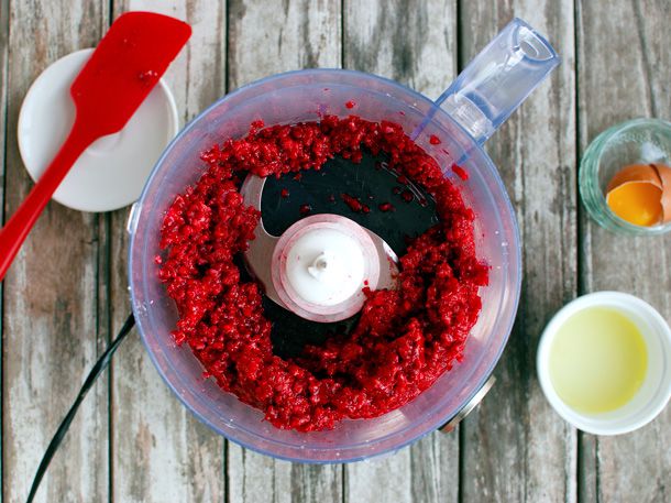 frozen mixed berries that have been finely chopped in the bowl of a food processor