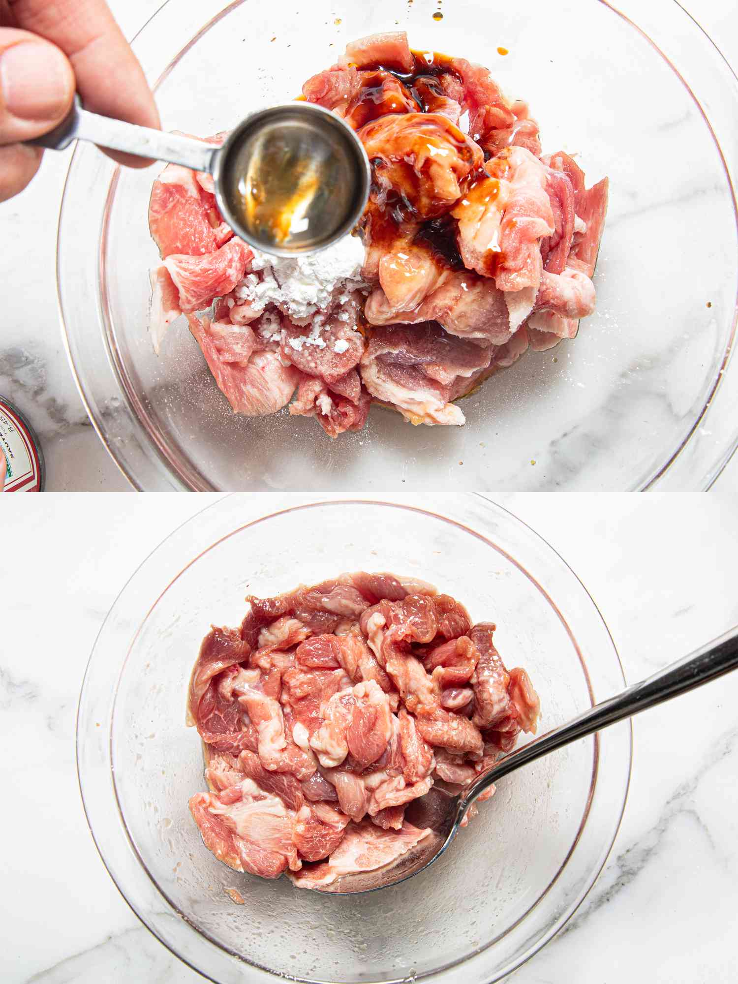 Two image collage of marinating pork 