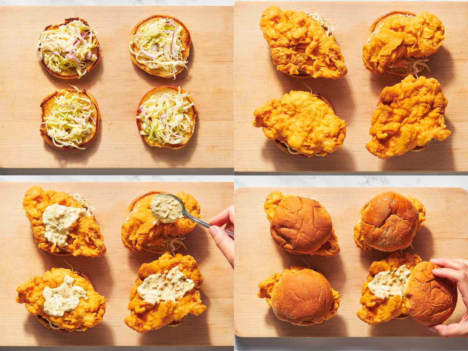 Four image collage of assembling sandwich