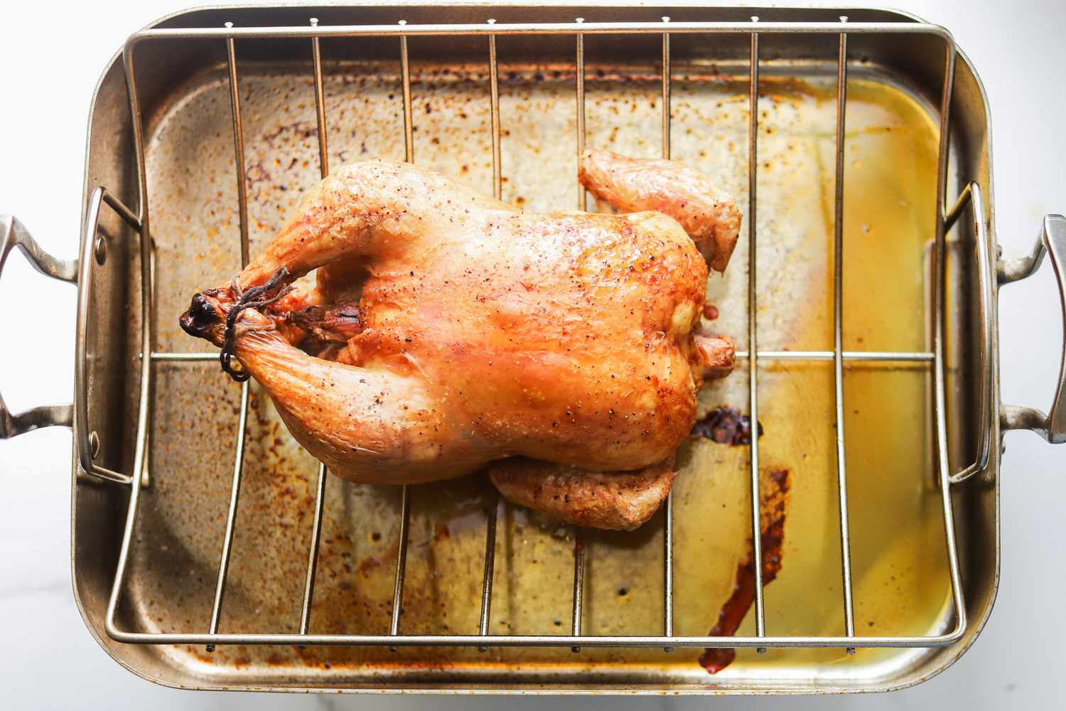 A whole chicken on the rack of a roasting pan.