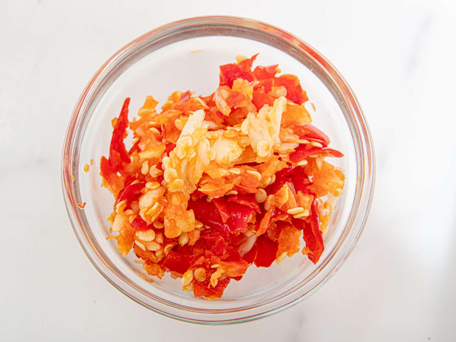 Overhead view of peppers and garlic paste
