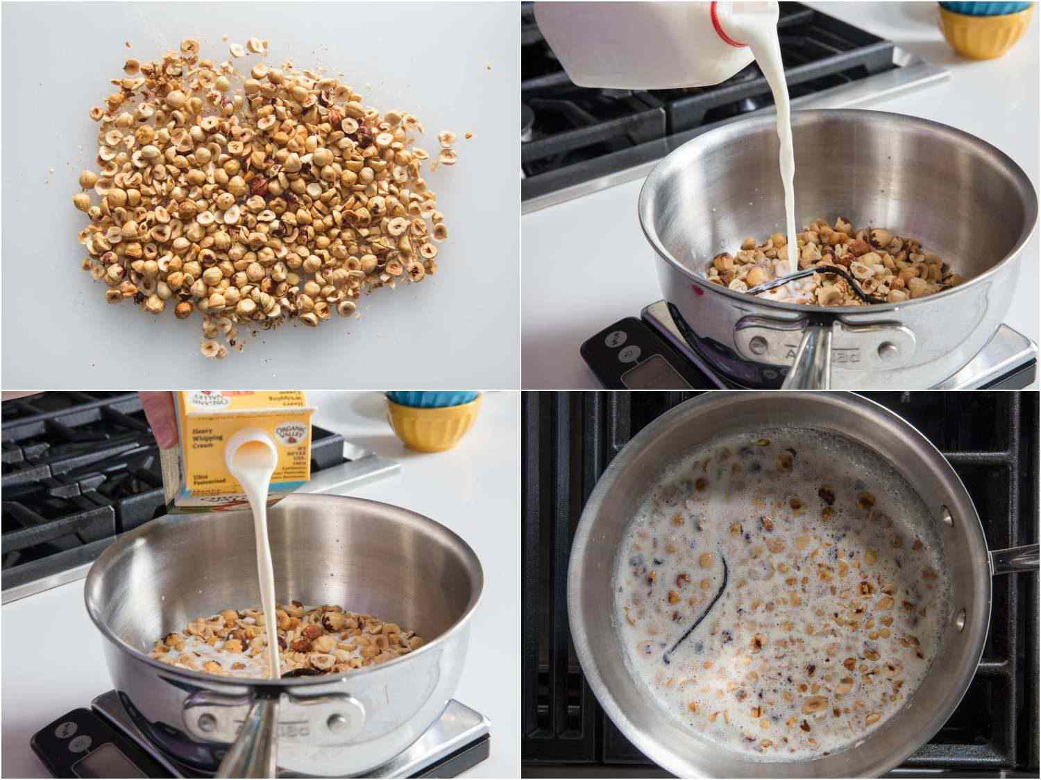 Collage showing adding milk and cream to toasted, skinned hazelnuts for steeping.