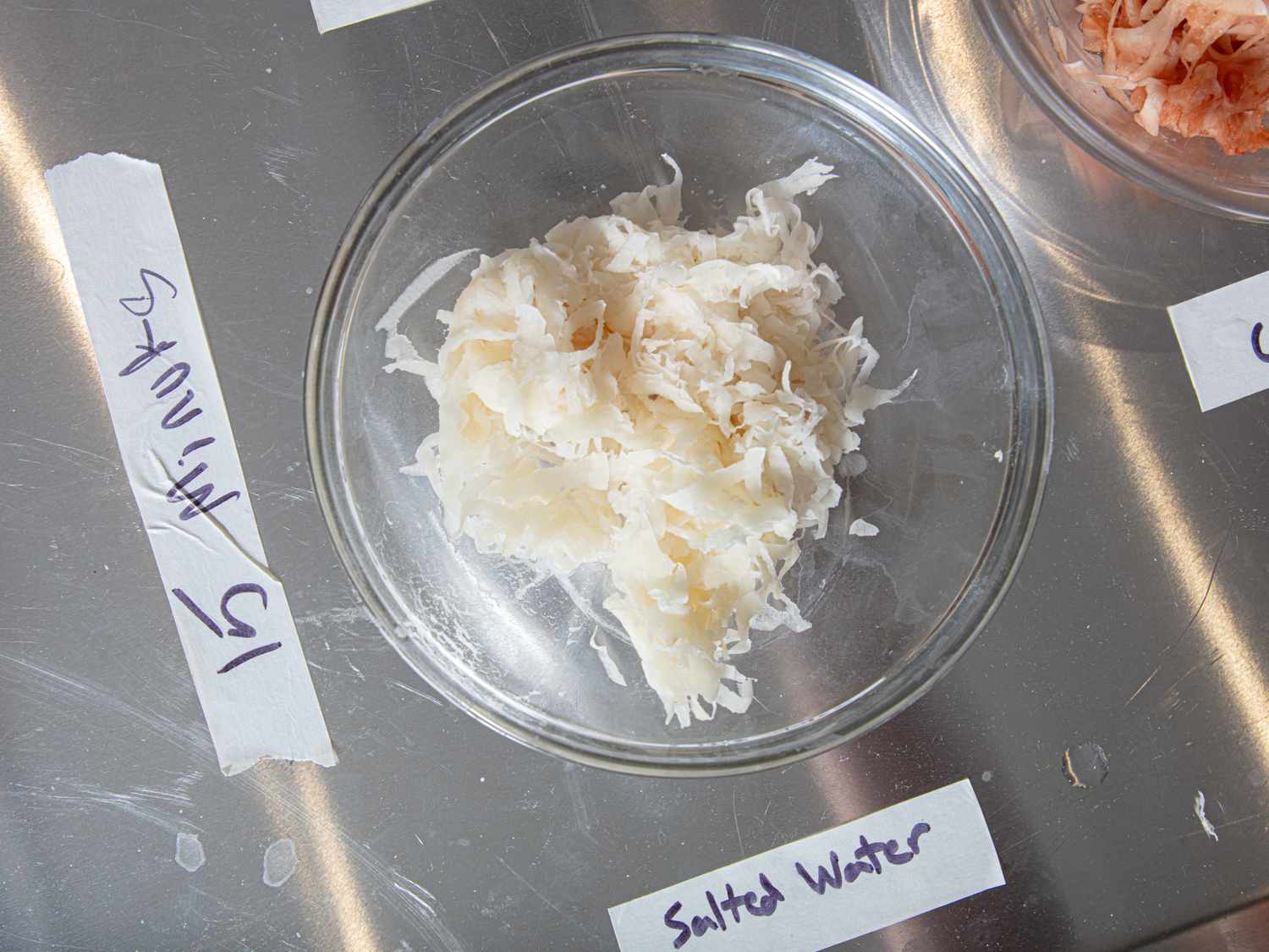 A bowl containing shredded white material labelled salted water part of an experiment setup