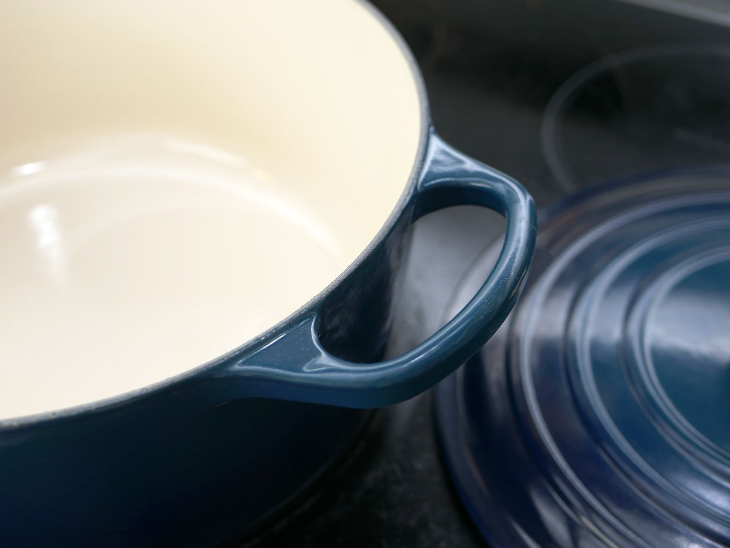 closeup of le creuset dutch oven handle