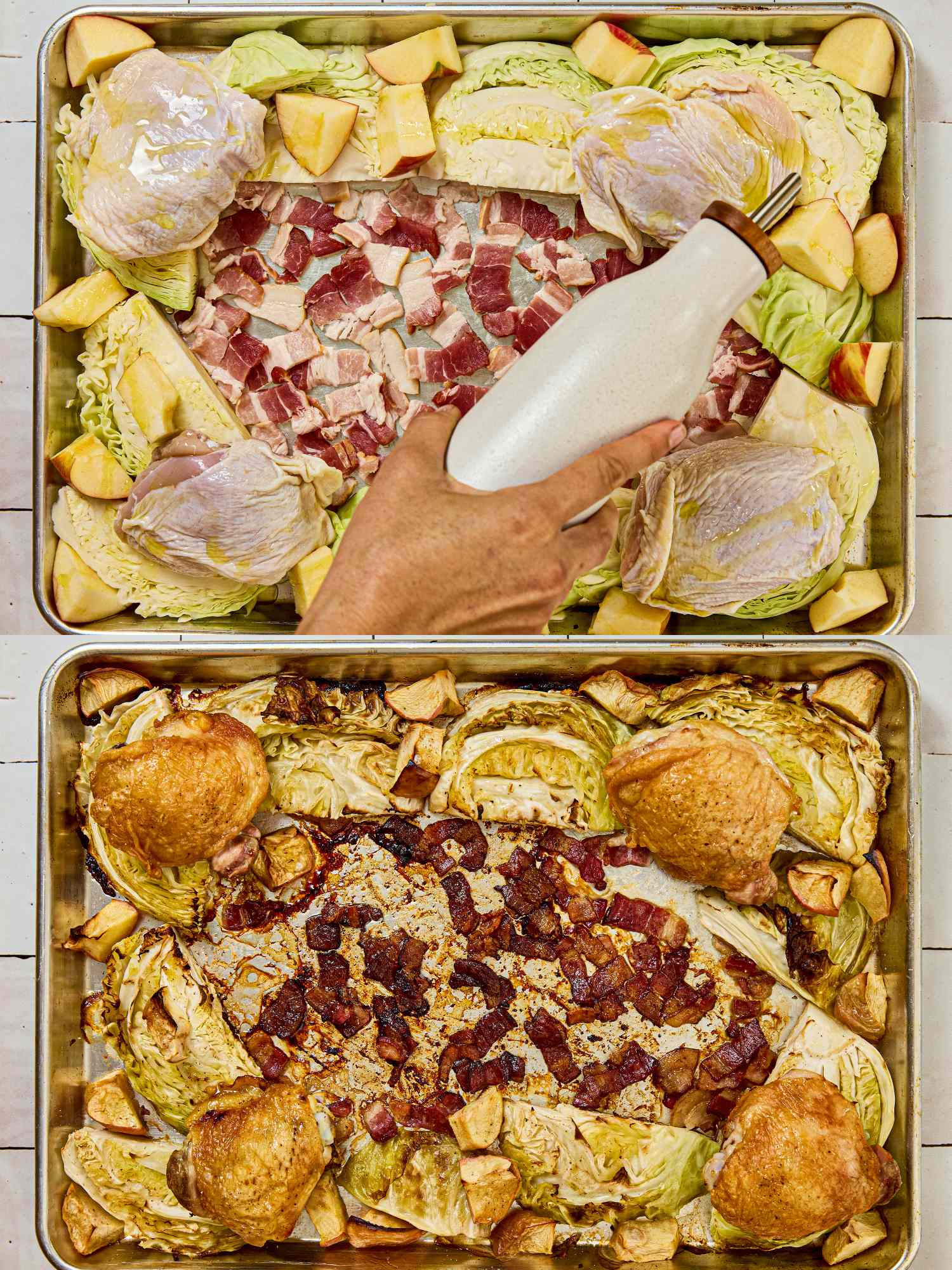 Preparation and cooked stages of a sheet pan dinner with chicken thighs bacon and apple slices