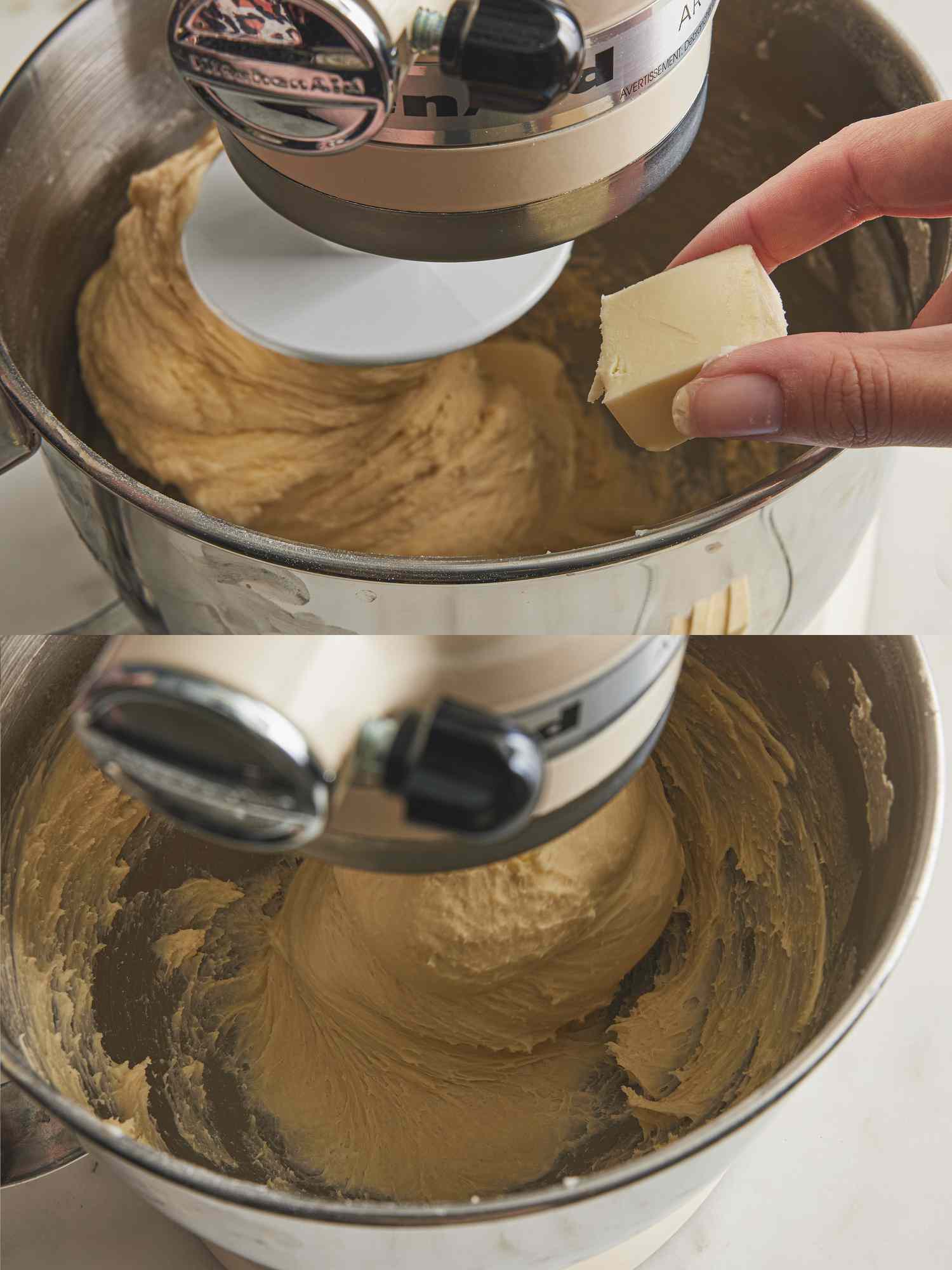 2 image collage. Top: Adding butter to a stand mixer of dough. Bottom: dough in stand mixer after mixing