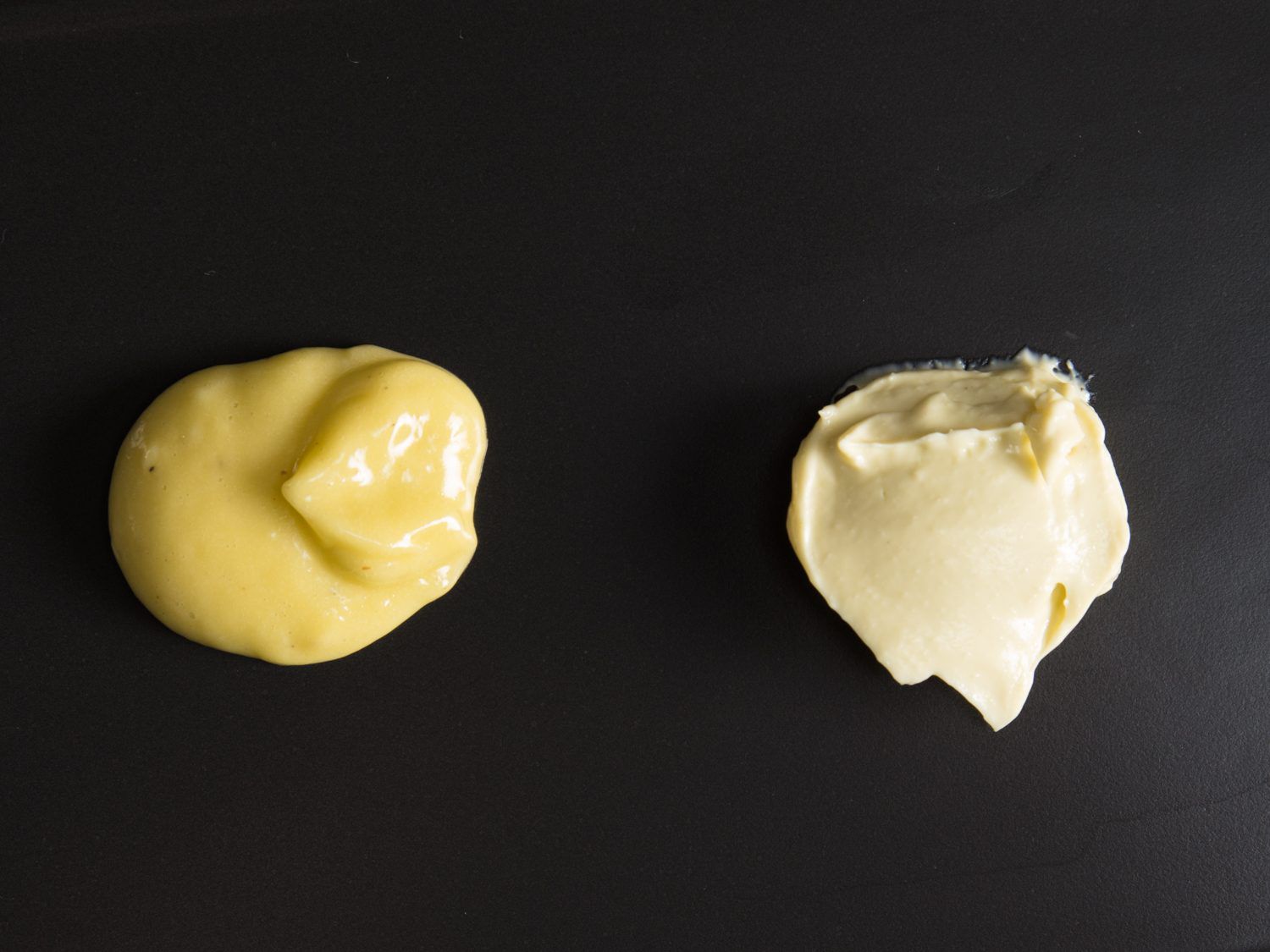 hand-whisked mayonnaise and blended mayonnaise