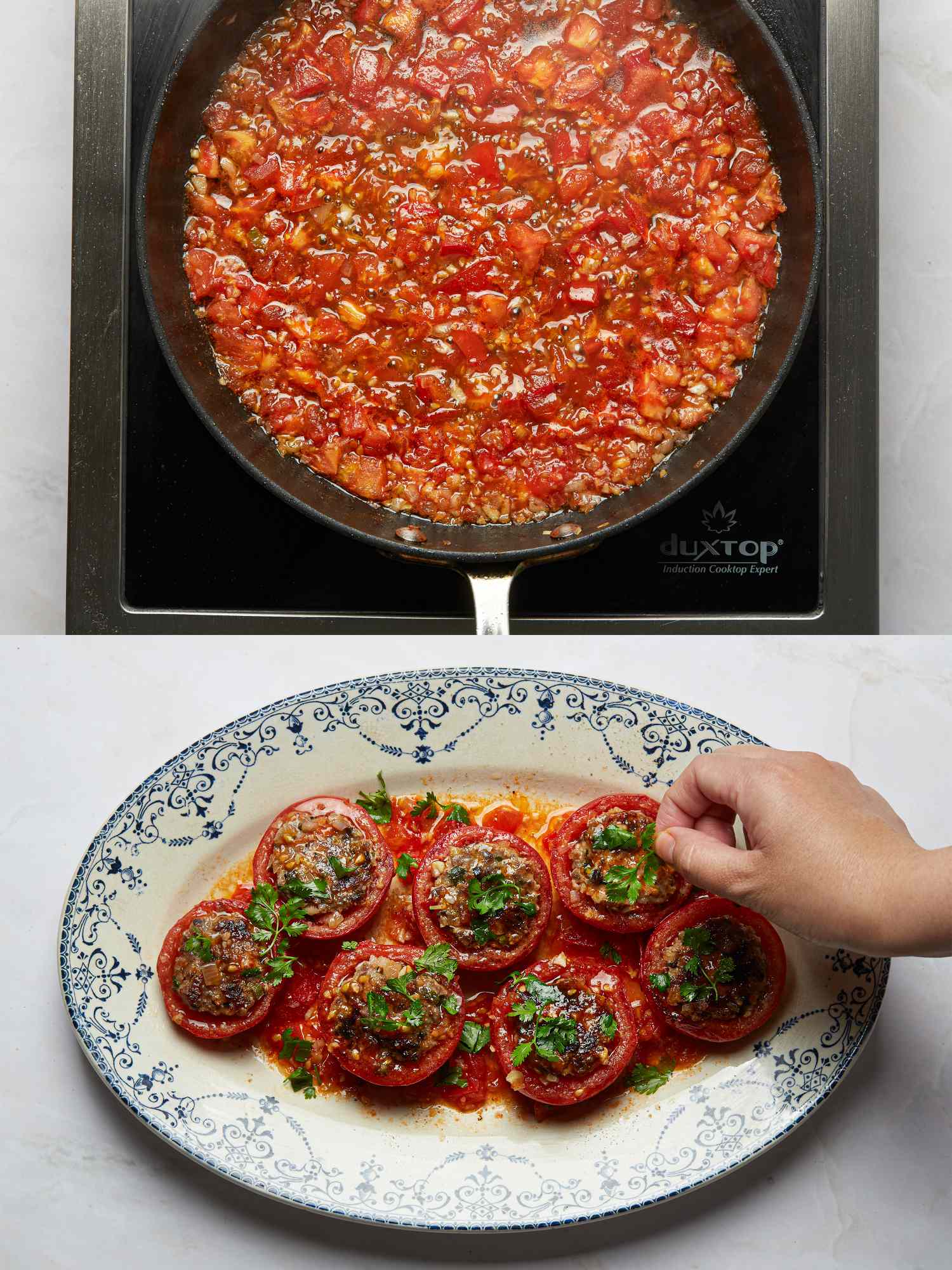 Cooking Vietnamese pork stuffed tomatoes in progress and final plating