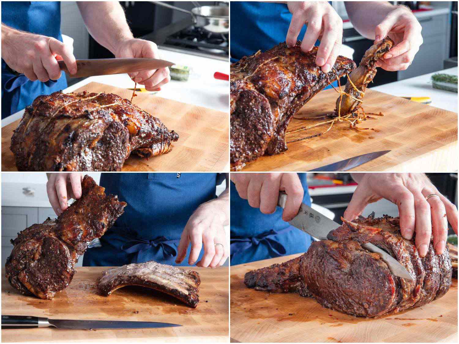 A collage: removing twine from prime rib, removing the separated bones and slicing the prime rib. 