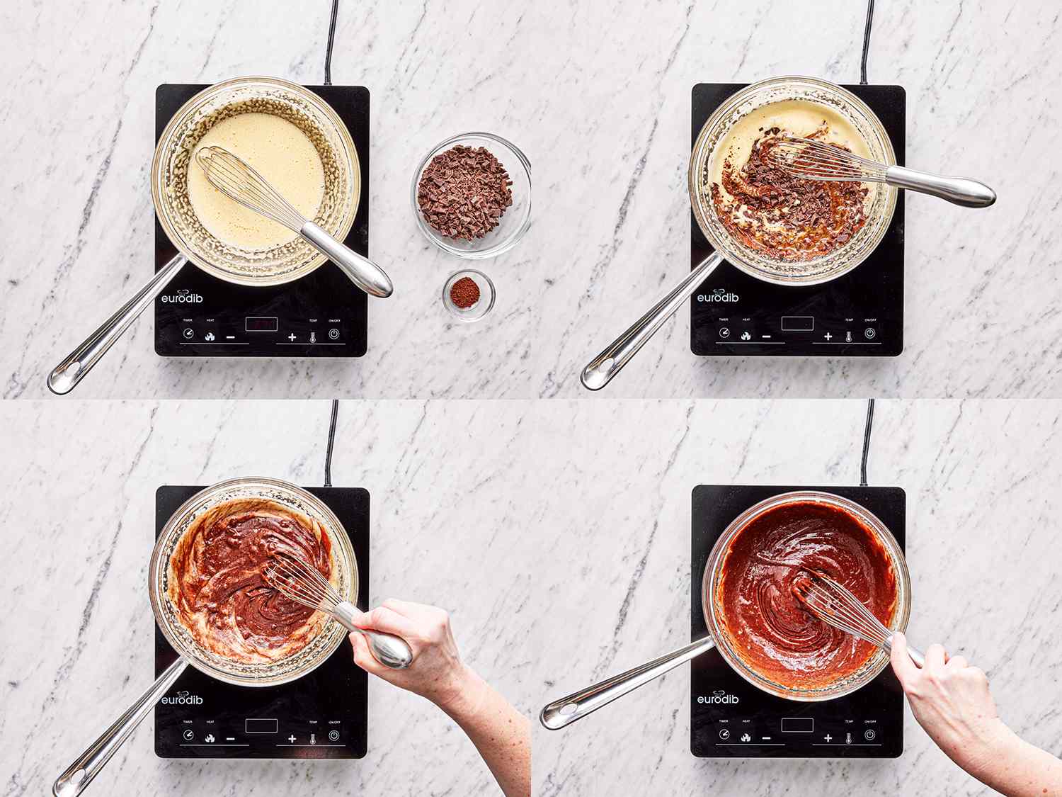 Four Image Collage of an overhead view of chocolate and expresso being melted in a double boiler set up