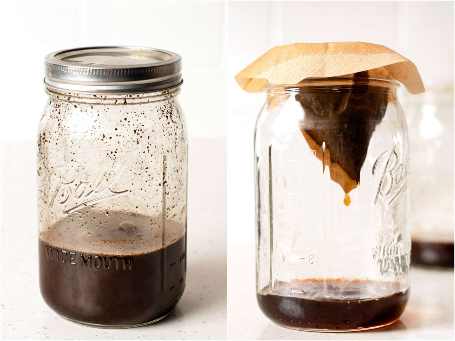 A side by side photo of a jar filled with coffee grounds and water, just shaken; mixture strained through coffee filter.