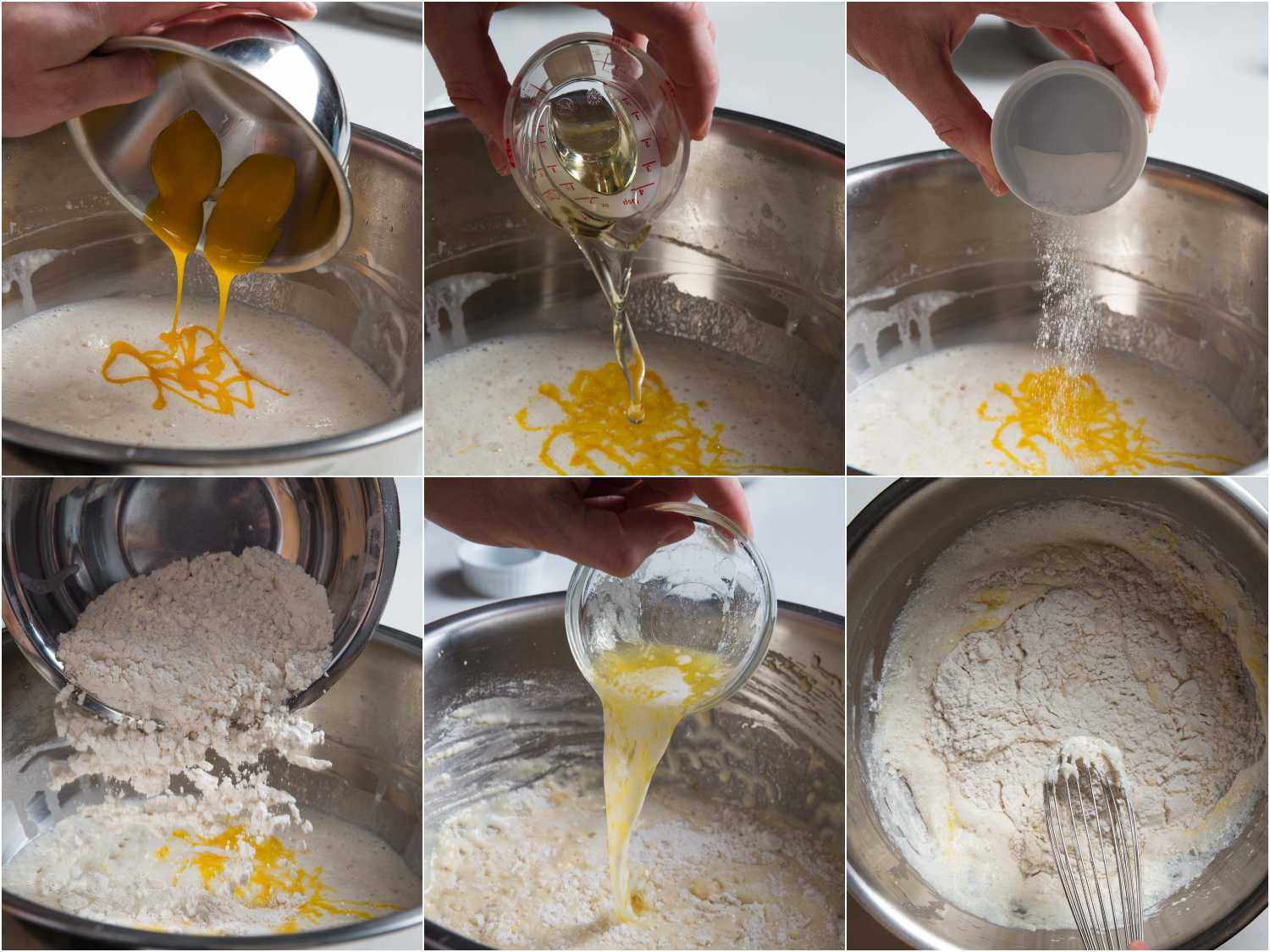 Collage of adding and whisking together ingredients for yeasted blini batter, including salt, melted butter, vegetable oil, and egg yolks