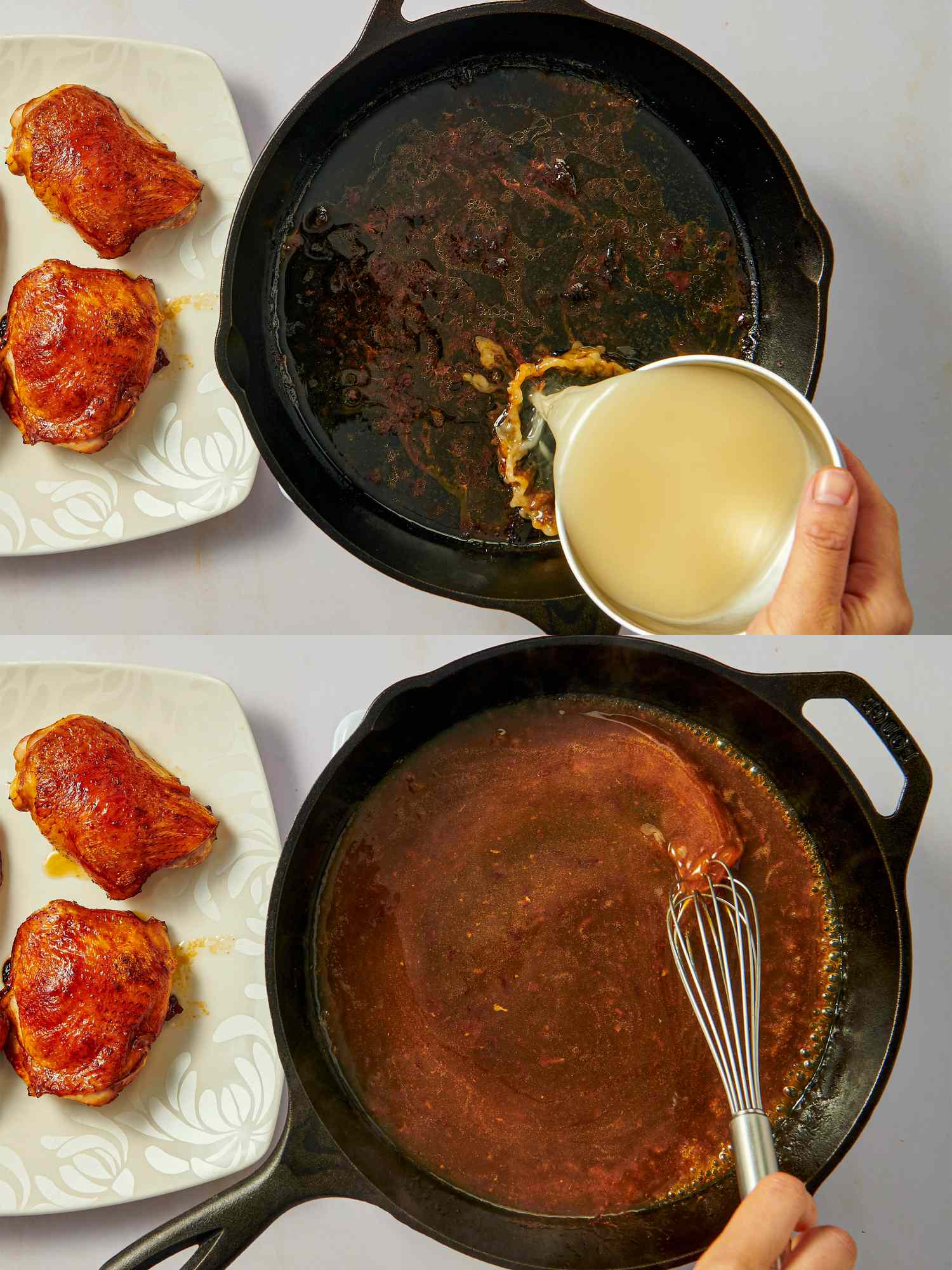 Two photos of a cooking process chicken stock being poured into a skillet with sauce and the sauce being whisked together