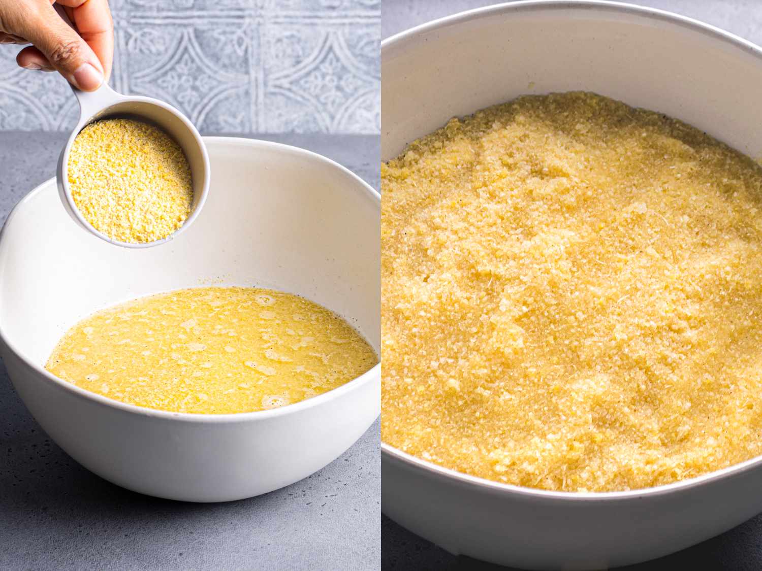 2 image collage: Pouring a measuring cup of garri into a bowl with water, garri mixture in the bowl after absorbing water