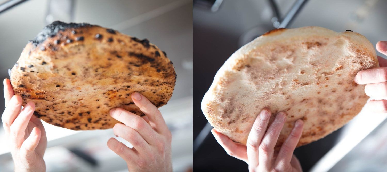 Comparison of undercarriage of pizzas baked in the Breville oven (on the left), and in a conventional oven (on the right).