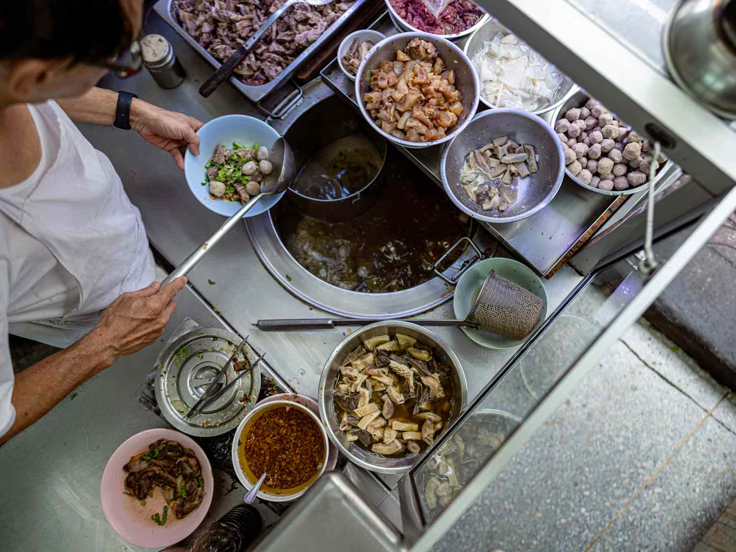 Overhead view of a noodle vendor