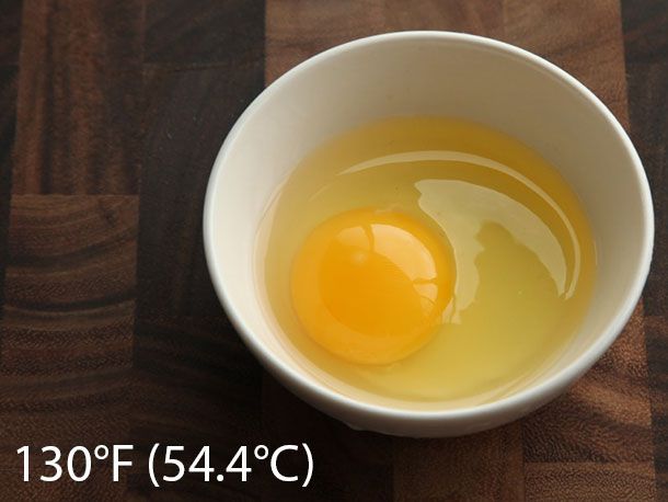 Egg cooked sous vide at 130°F (54.4°C) for 40 minutes.
