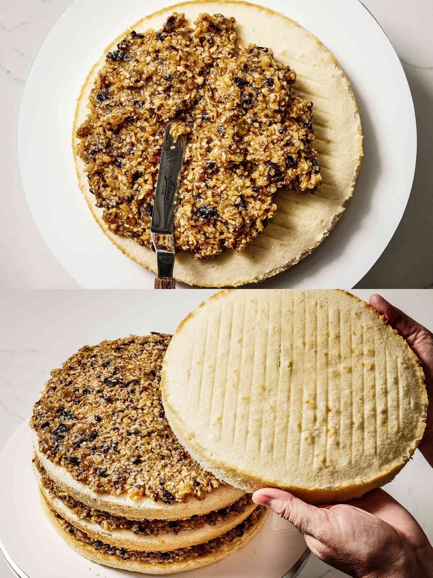 2 image collage. Top: spreading filling on top of cake layers. Bottom: Layering cake layers on top of eachother