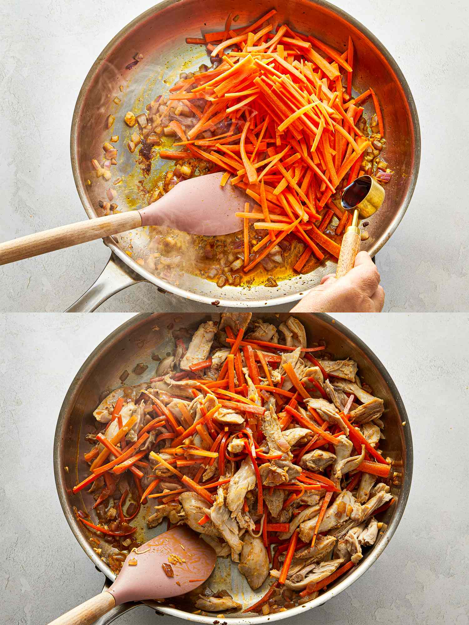Two images show the cooking process of sauting vegetables and shredded chicken in a pan