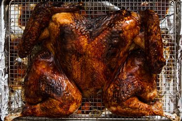 Overhead view of Chinese Red Sauce-Glazed Spatchcocked Turkey
