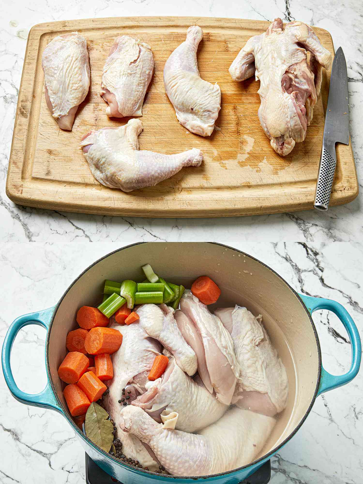 2 image collage. Top: chicken carcass pieces cut up on a cutting board. Bottom: Chicken and veggies cooking in water on a large dutch oven