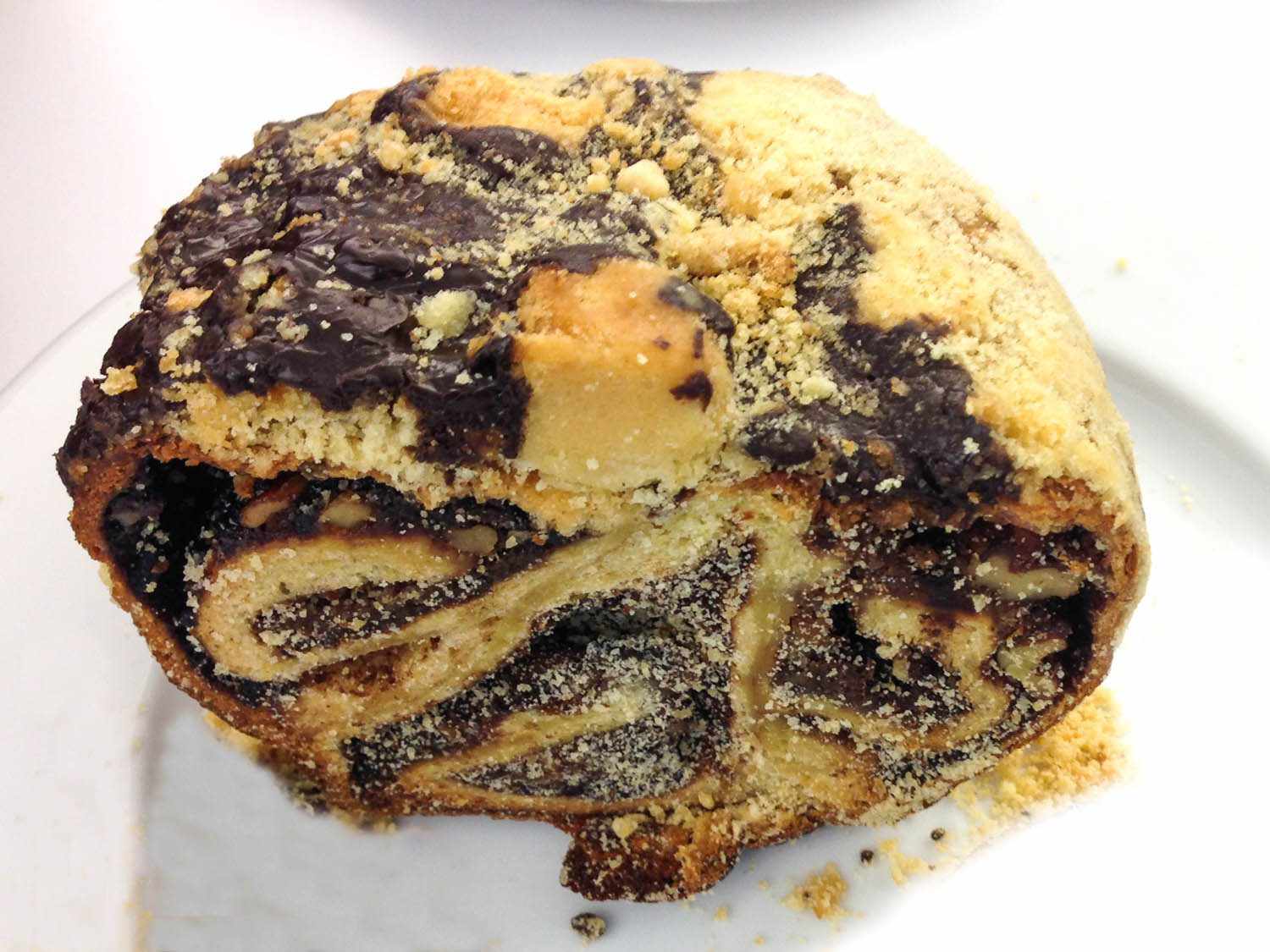 Cross section of nut-filled chocolate babka.