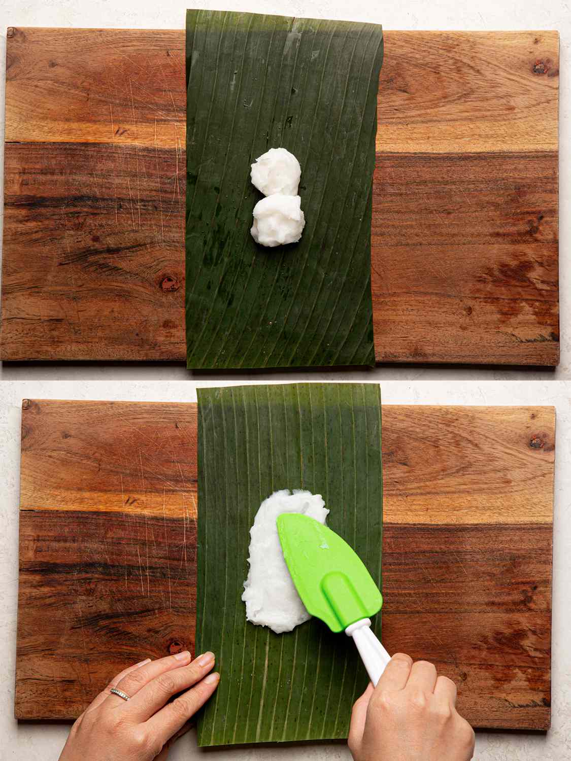 Two image collage of a dollop of rice mixture placed on banana leaf and then spread into a rectangle with a spatula