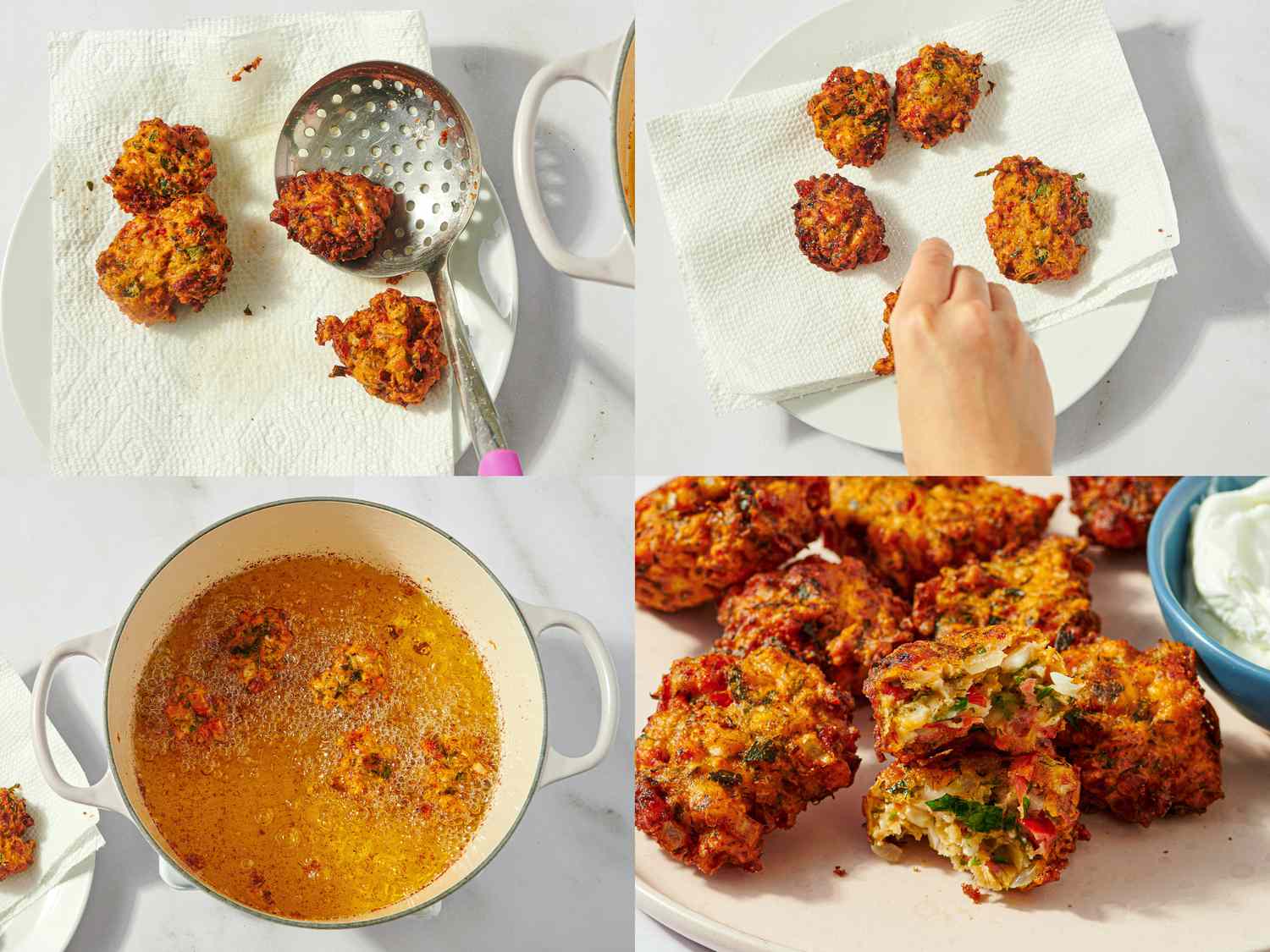 Steps in preparing and serving fried tomato fritters on a platter with dipping sauce in a composite image