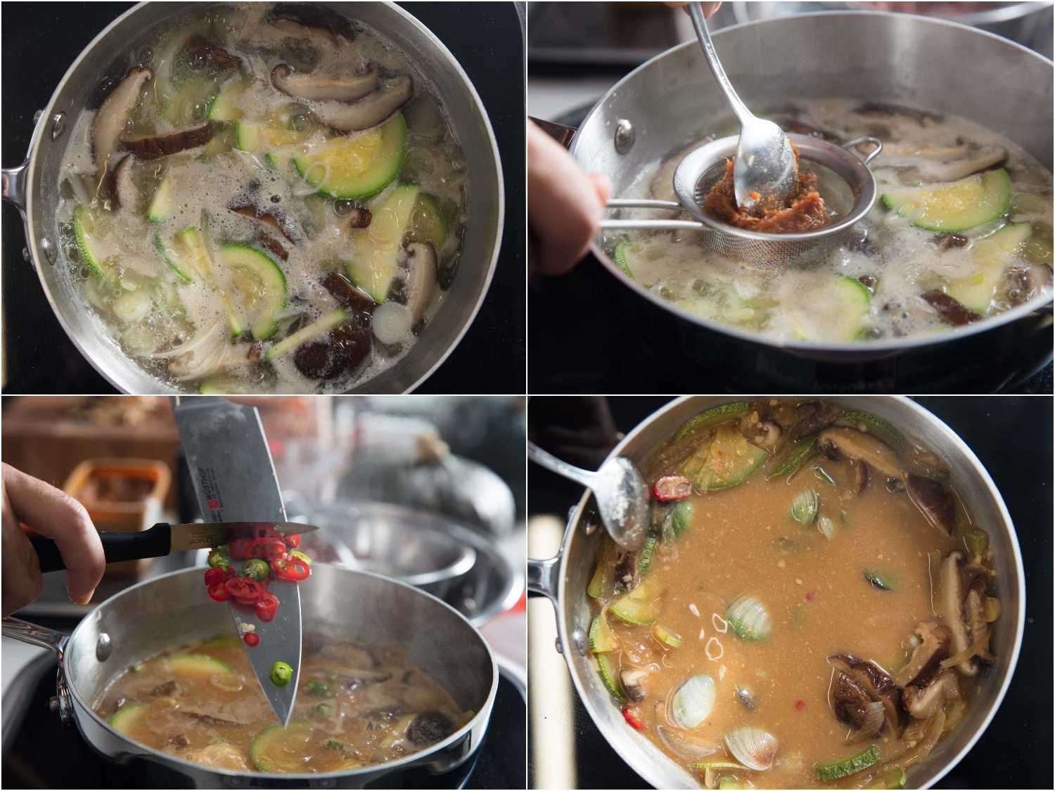 Adding doenjang and chili peppers to a pot of simmering doenjang jjigae
